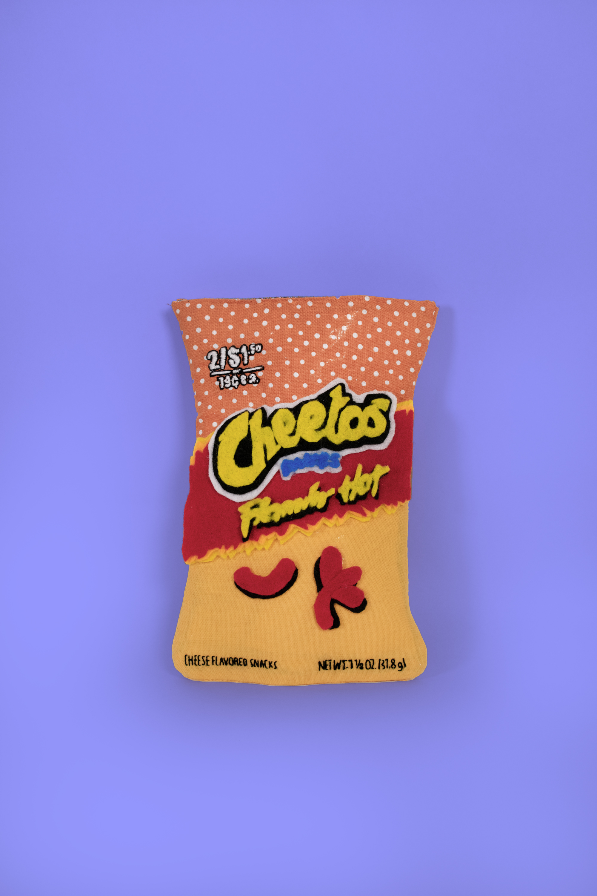 potato chip bag, cheetos, cheetos puffs, flamin' hot cheetos puffs, soft sculpture