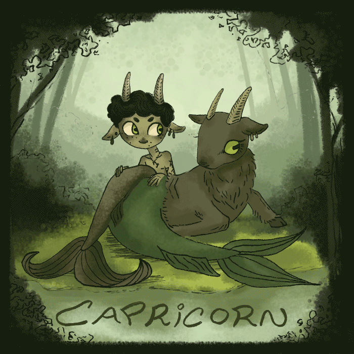 Gif with the text "Capricorn" depicting a goat mermaid and human mermaid with goat horns sitting as the time of day changes behind them. When it's night the two figures have a skeleton pattern.