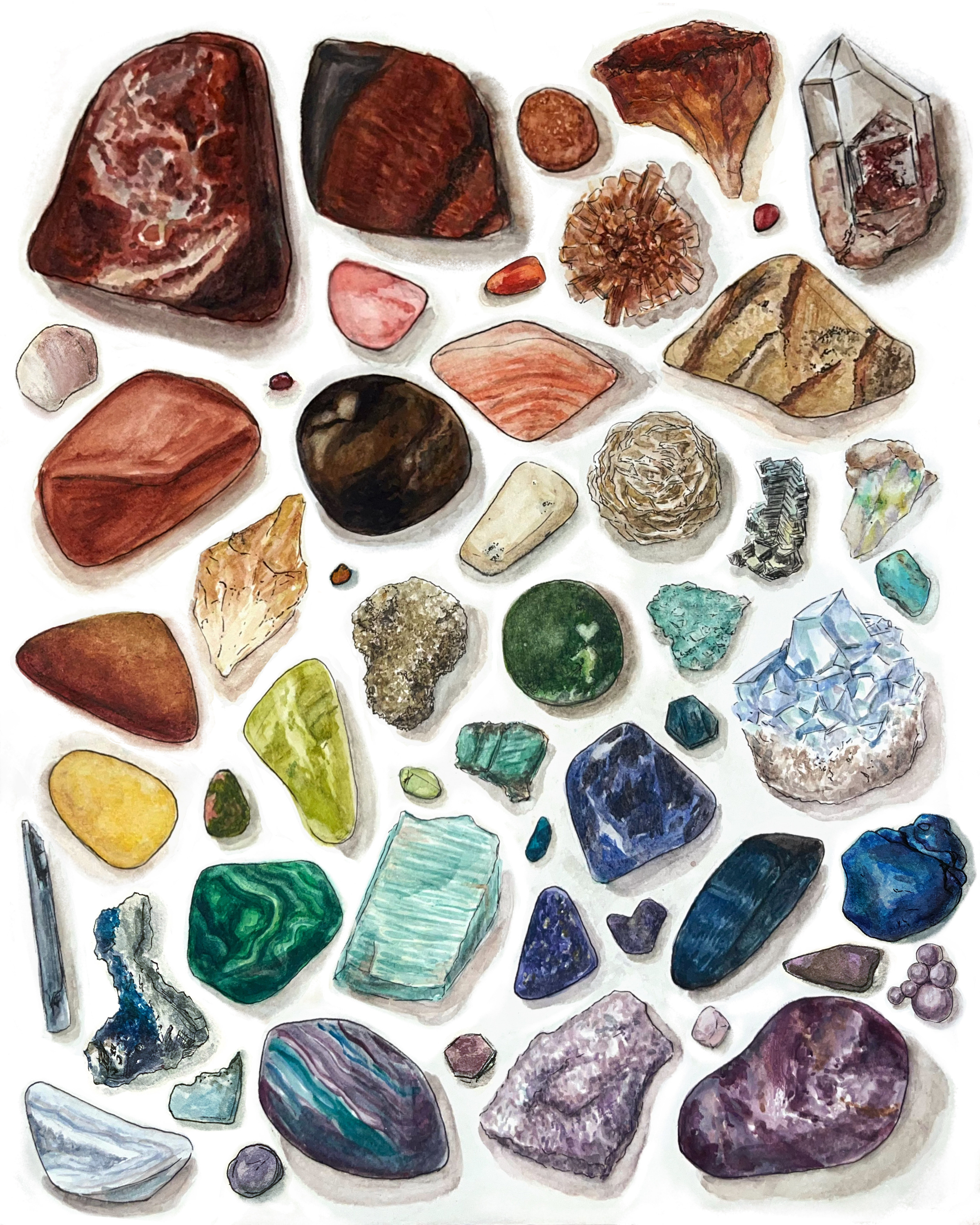Illustration of different crystals arranged in a rainbow gradient.