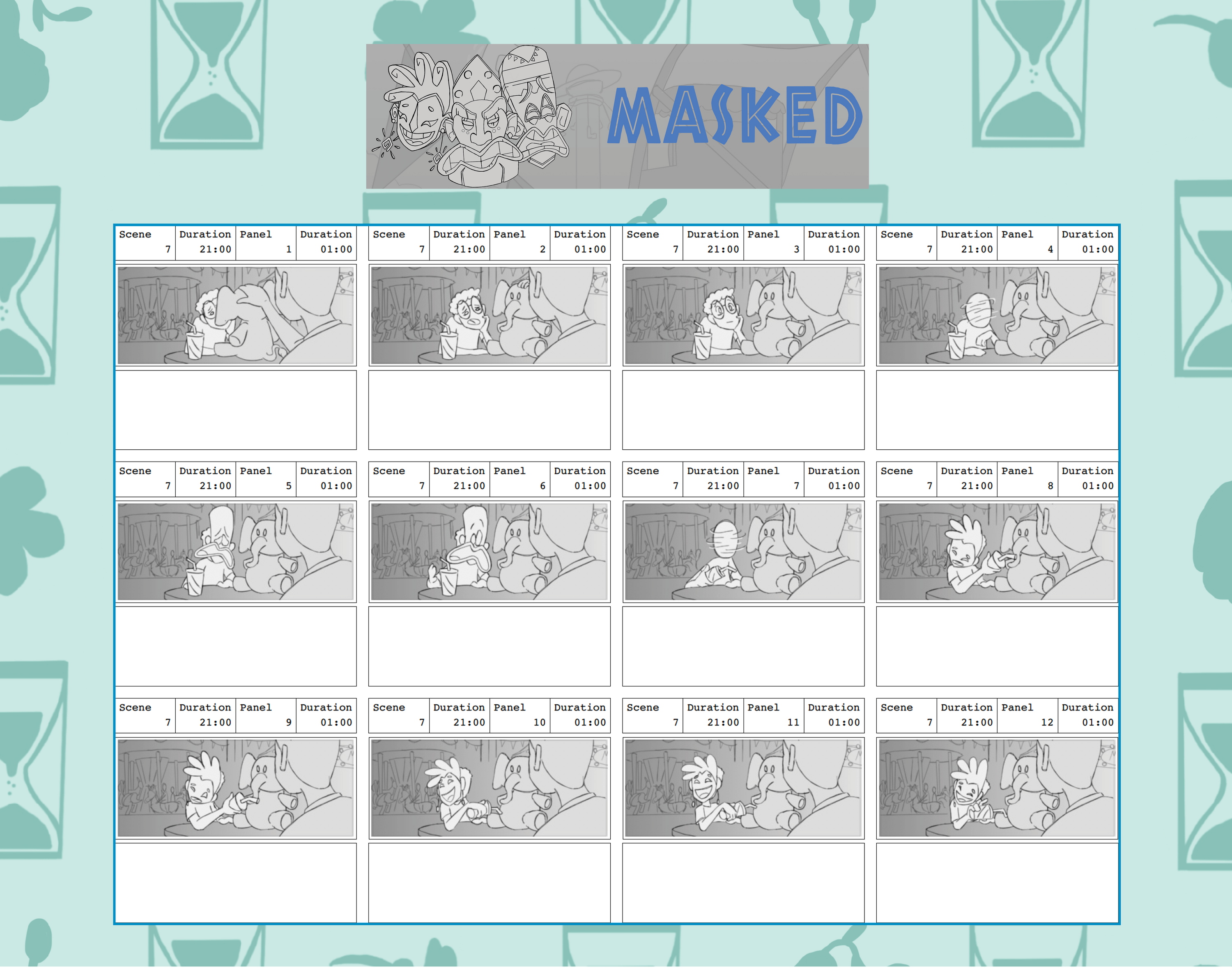 A panel sequence from my storyboard, Masked.