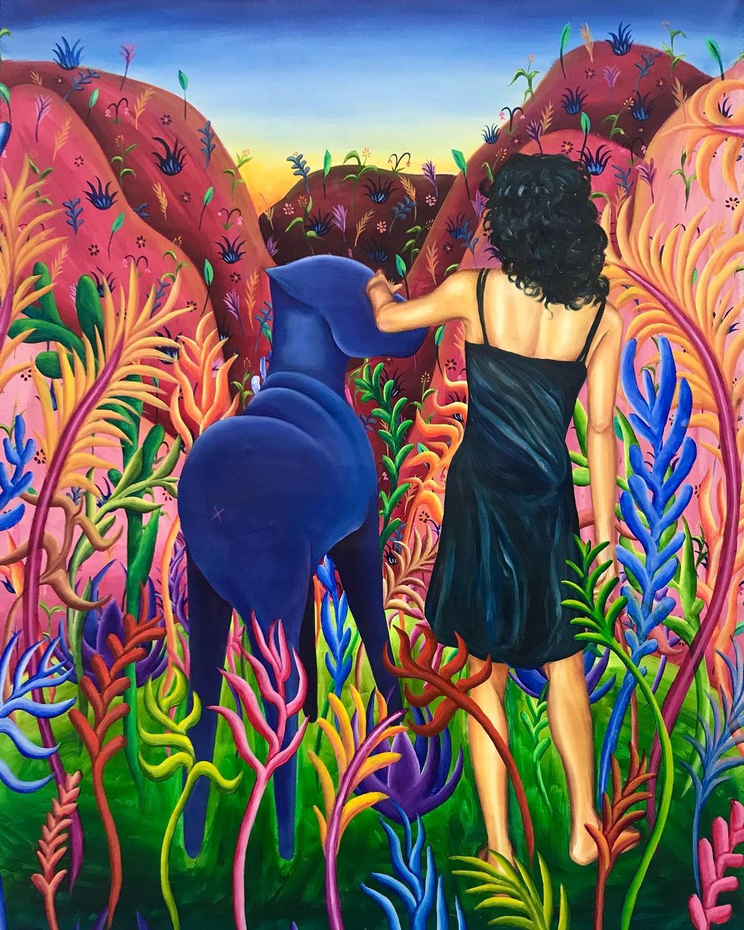 Painting of a human and blue animal walking into a field of pink hills.