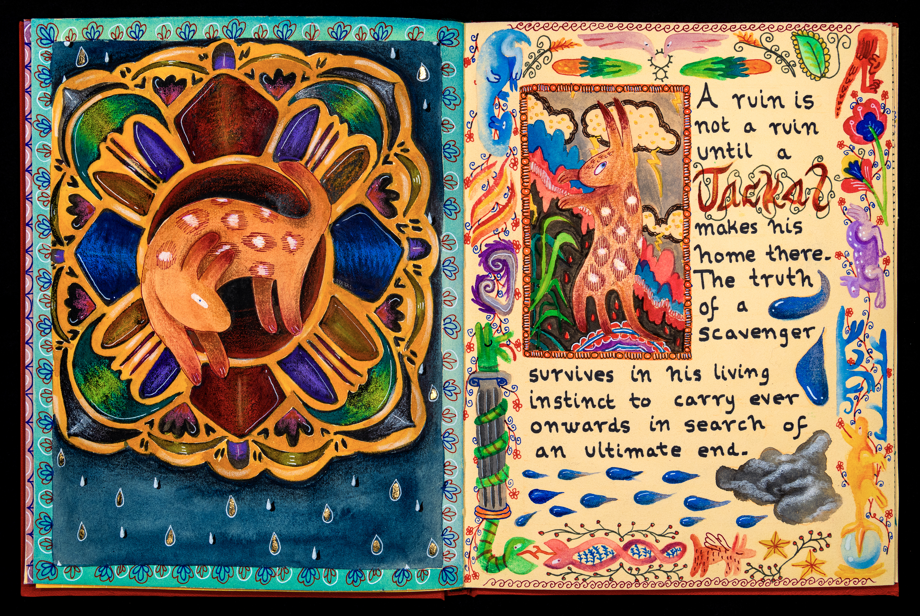  Spread from a book containing illustration and poetry in an illuminated manuscript style.