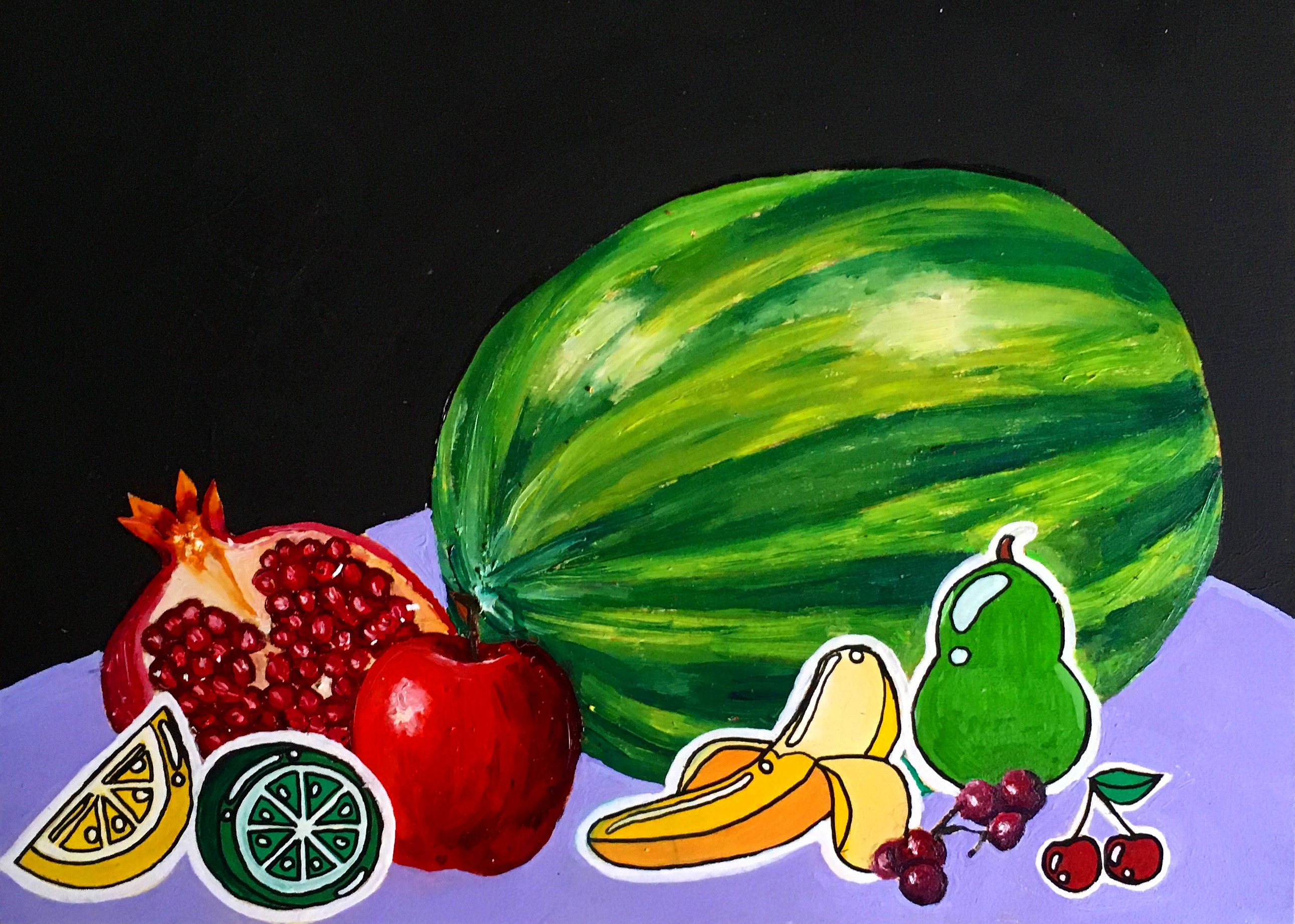 A still life of realistic fruits and cartoon fruits. 