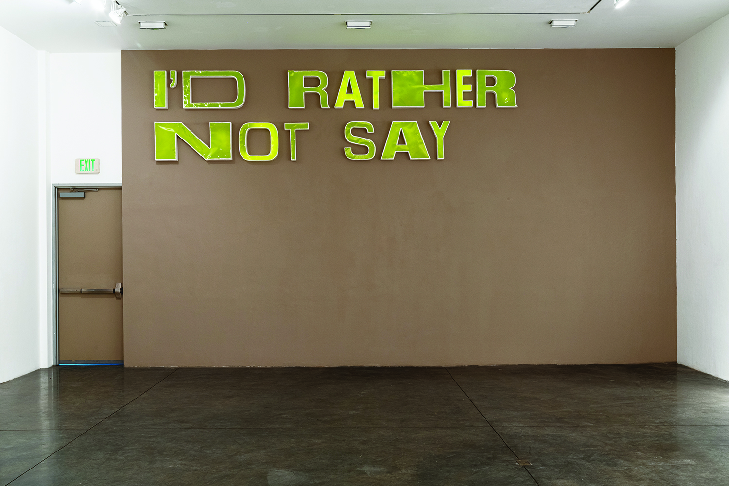 "I'D RATHER NOT SAY" Vinyl plaster, cardboard, clear acrylic sheets, spray paint, LED strips