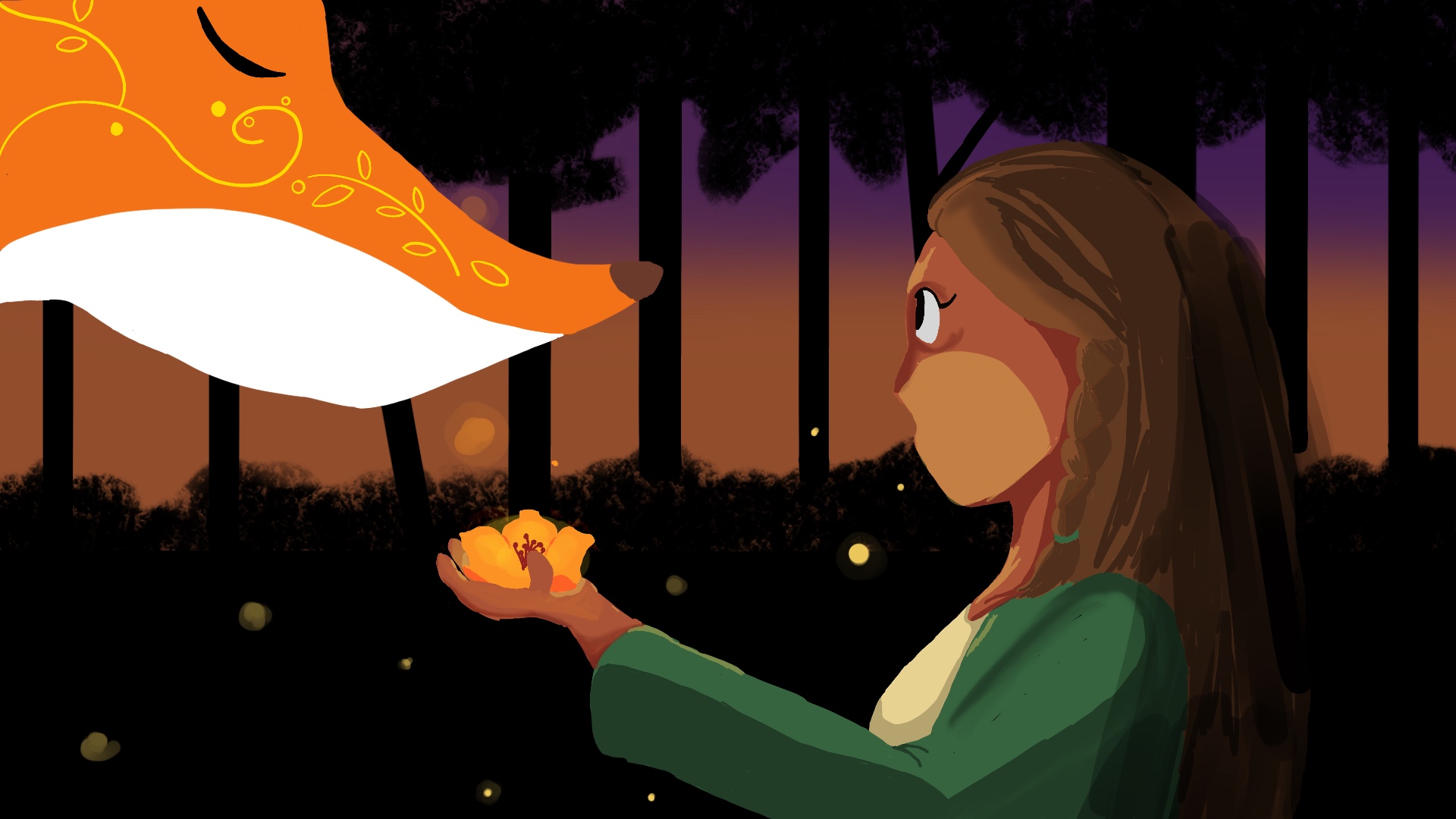 Digital Painting of a girl meeting a fox spirit.
