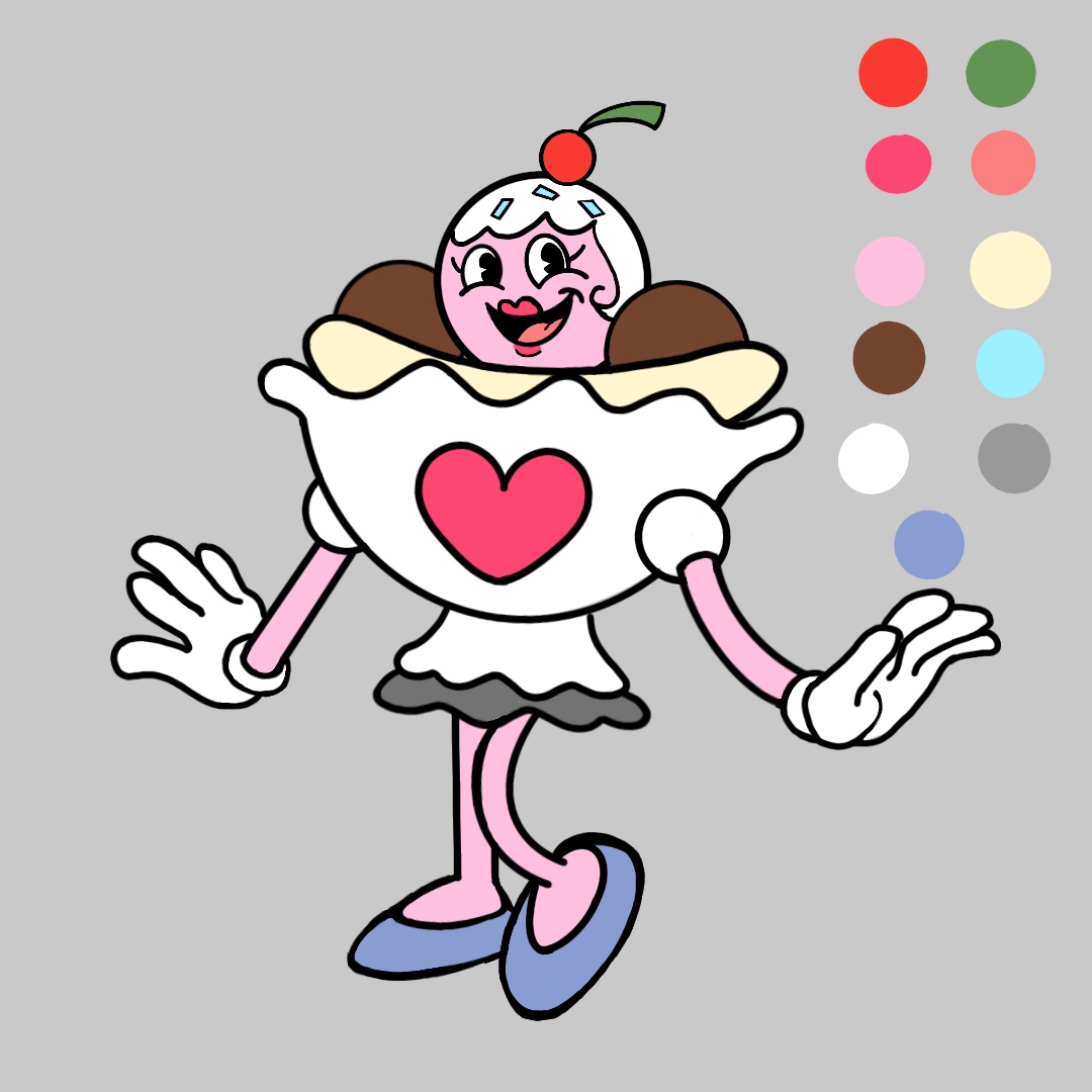 Sundae character illustration with color palette on side
