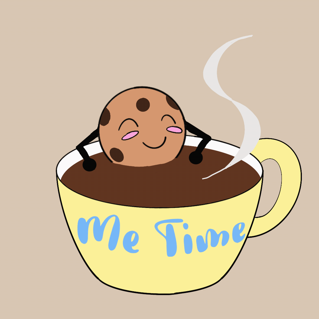 A GIF created as part of a digital stickers set. This cookie is relaxing in a cup of hot chocolate.