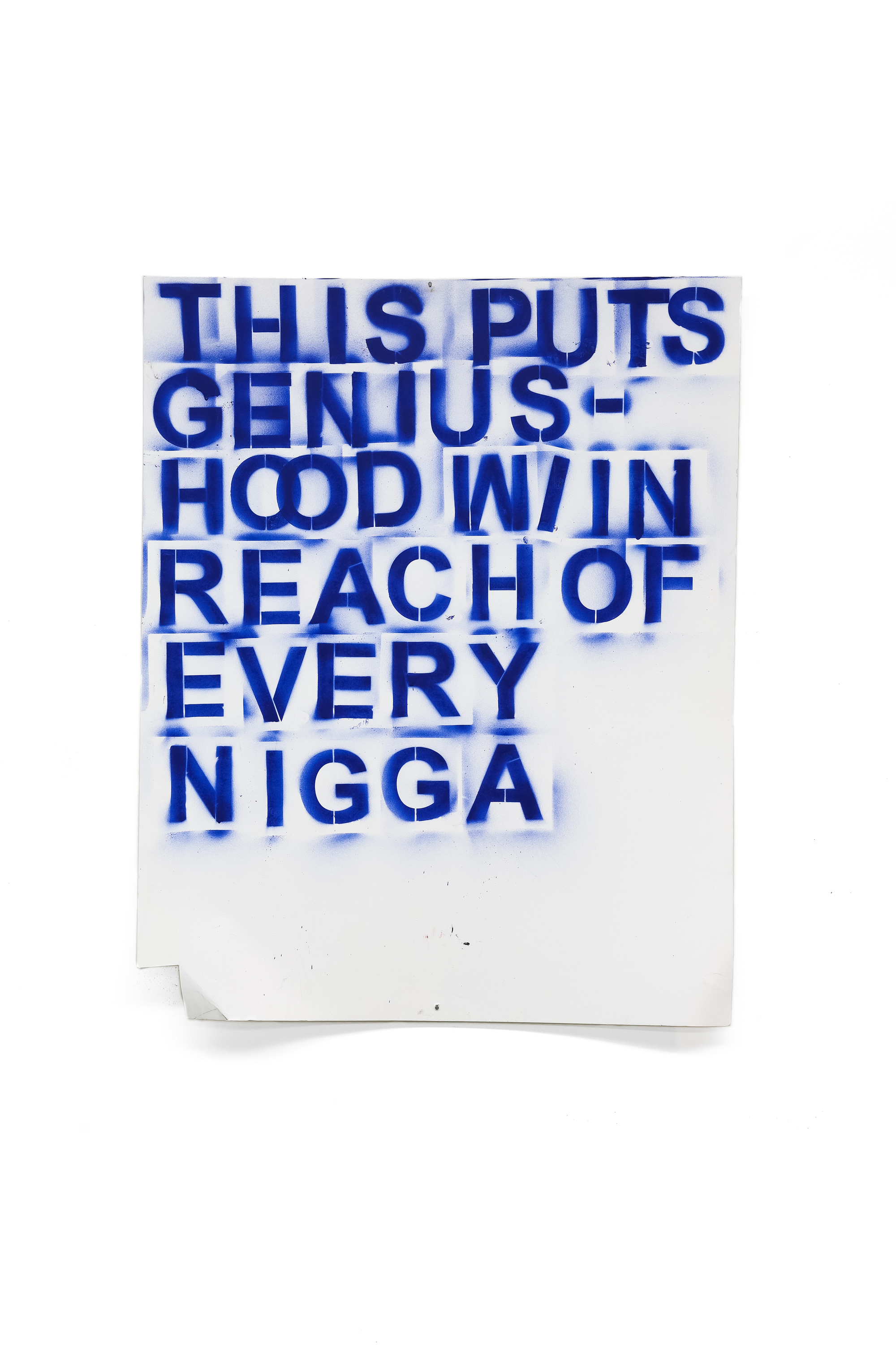 blue stenciled text on paper