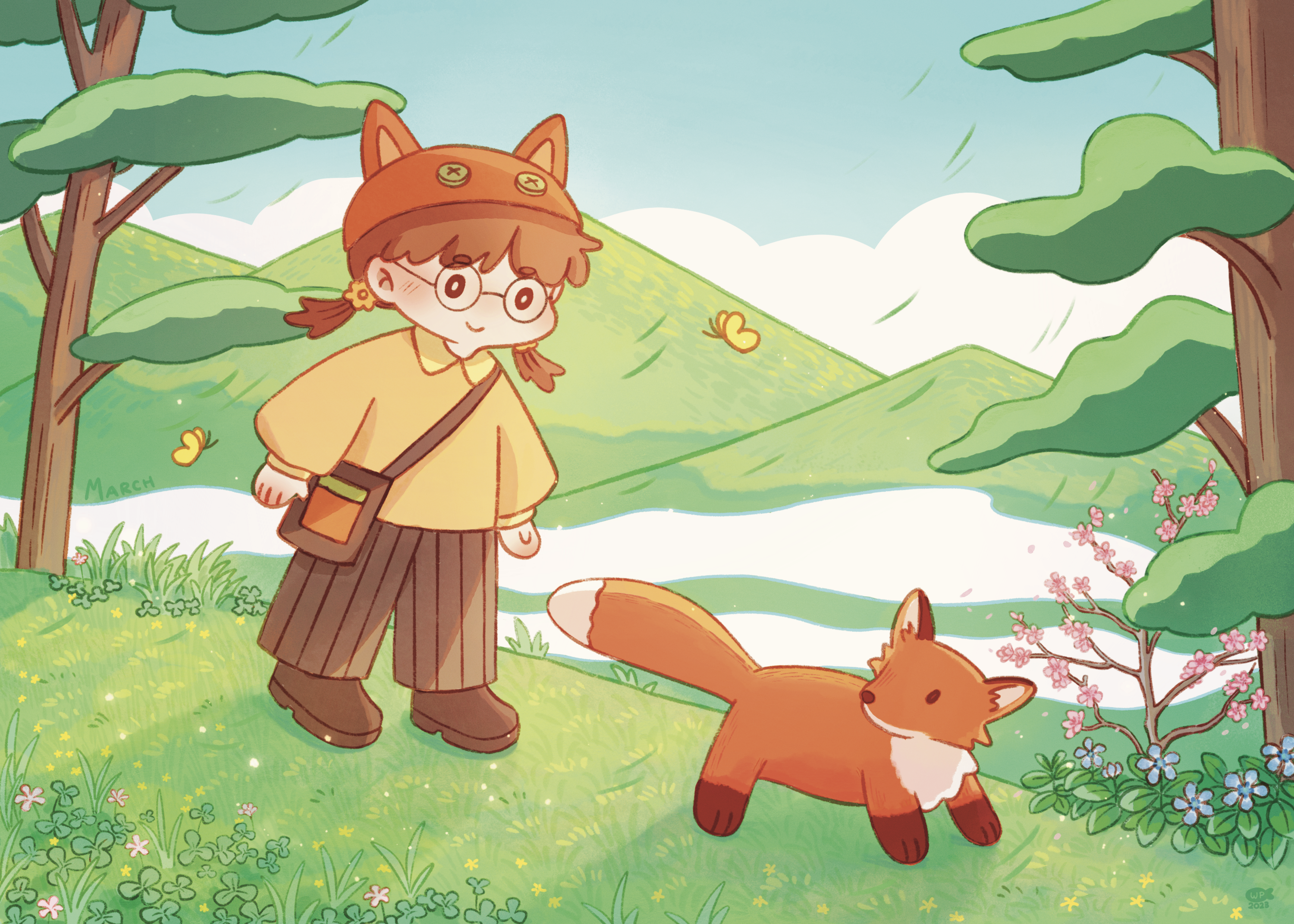 Travel Through A Year (March), a girl and a fox walking down of a hill