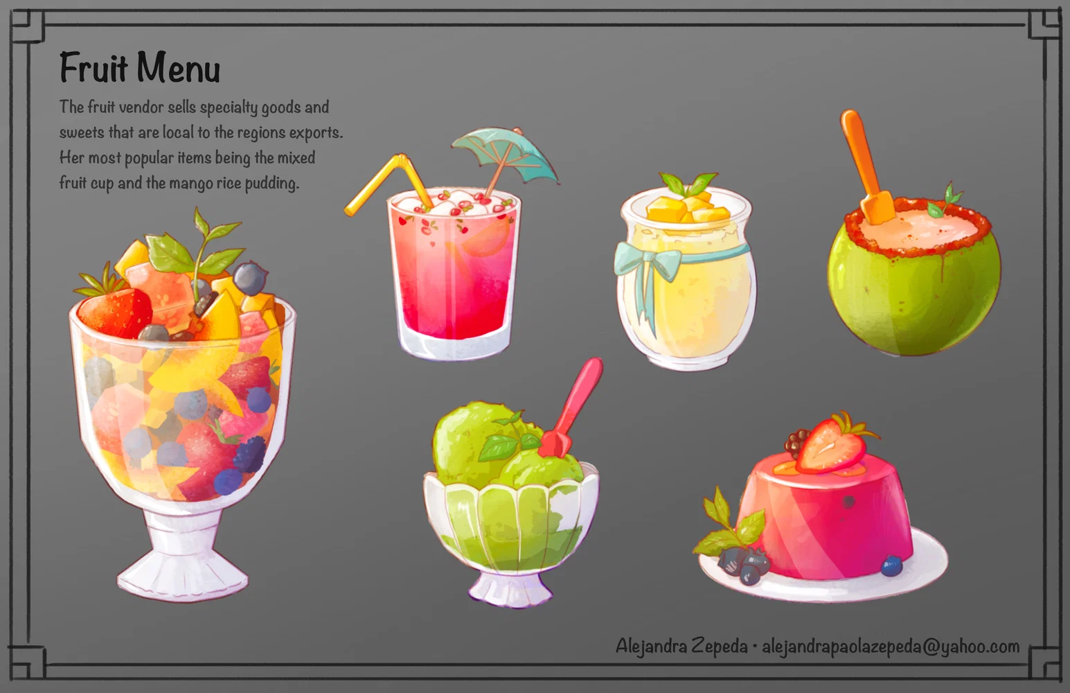 A collection of food concept art for my fruit vendor project.