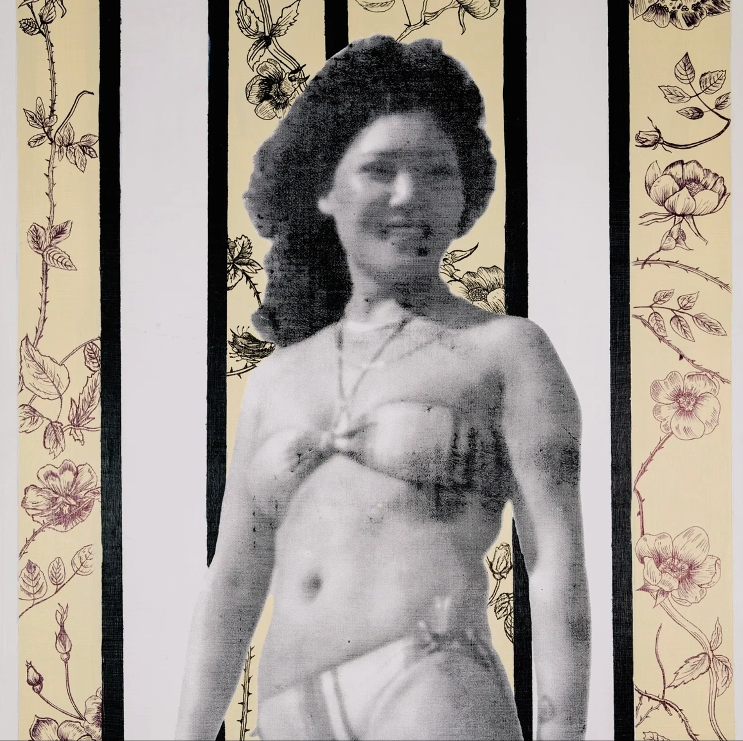 A screen printed photograph of the artist's grandmother is posed in front of a painted, floral background.
