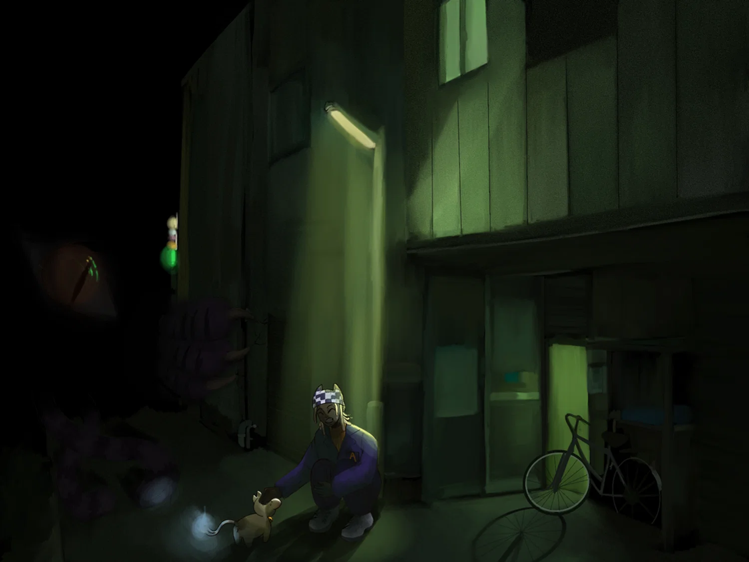 Character petting cat in an alley with giant monster cat hidden in the dark side on the left.