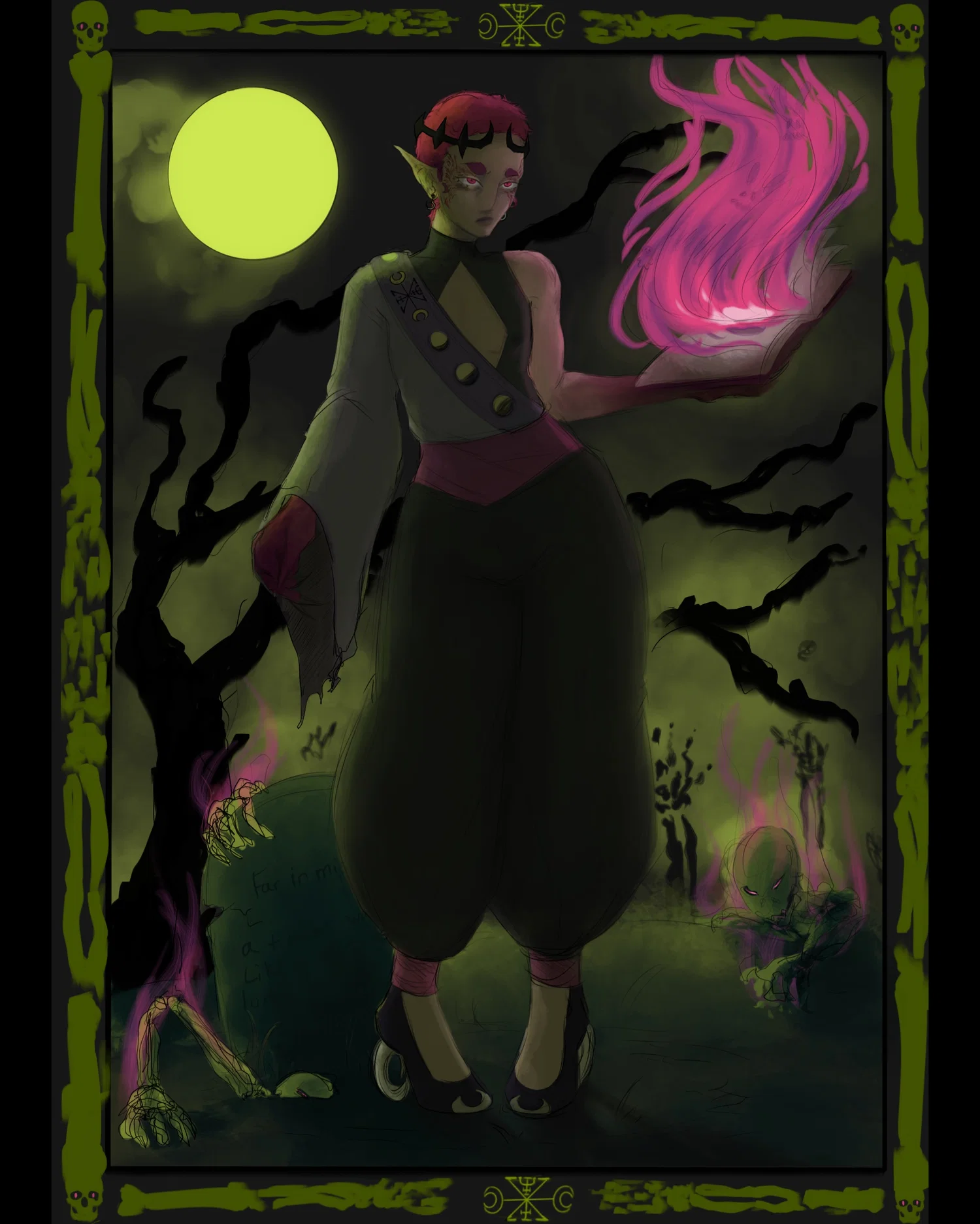 Character Holding a Book with magenta flames spewing out with green background