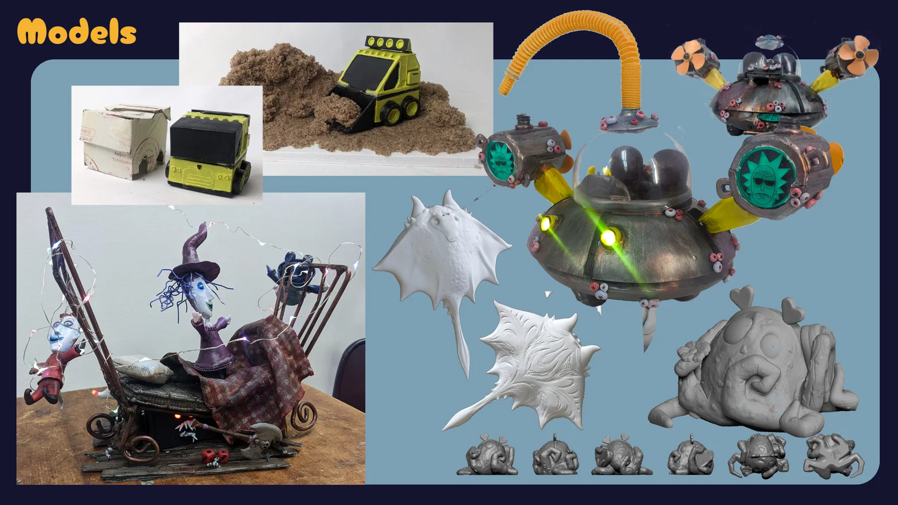 Portfolio page with models and 3D sculpts, silver space ship, yellow and black construction cubes, and aquatic sculpts 