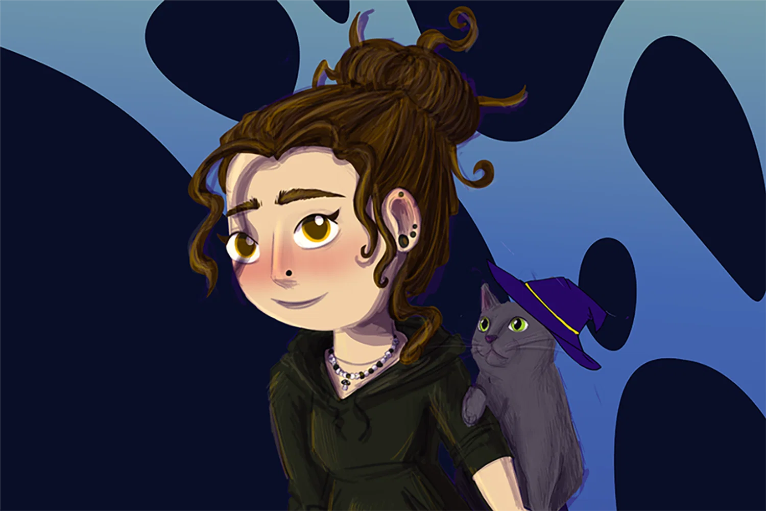 Self portrait of person with curly brown hair pulled up, and brown eyes in a dark gray hoodie, with a light gray cat wearing a purple witch hat, on a dark blue background with light blue lava lamp like shapes