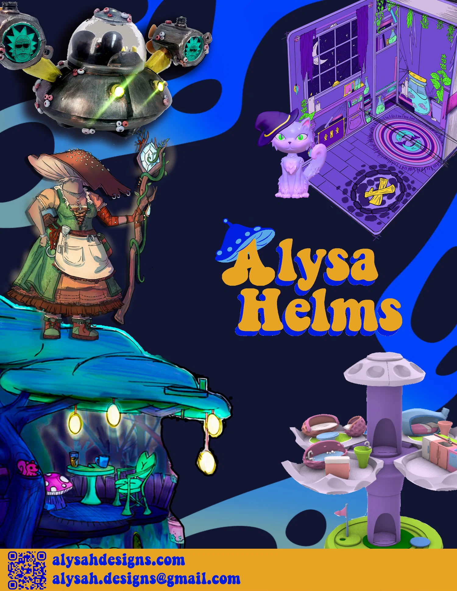 Promo sheet with silver aquatic space ship with orange accents, a mushroom adventure with a staff, tree house playset, purple witch cat playset with 3D model, and 3D gold playset with furniture in purple, white, pink, blue and green 