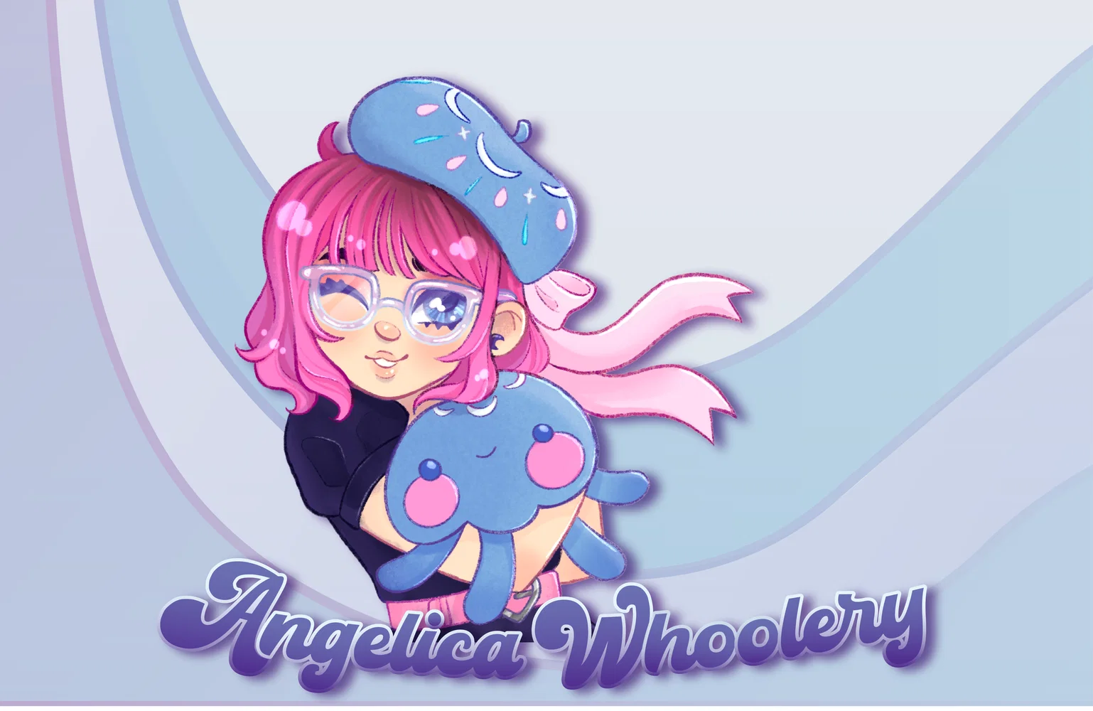 Self portrait of a woman with short, pink hair, holding a plush jelyfish.