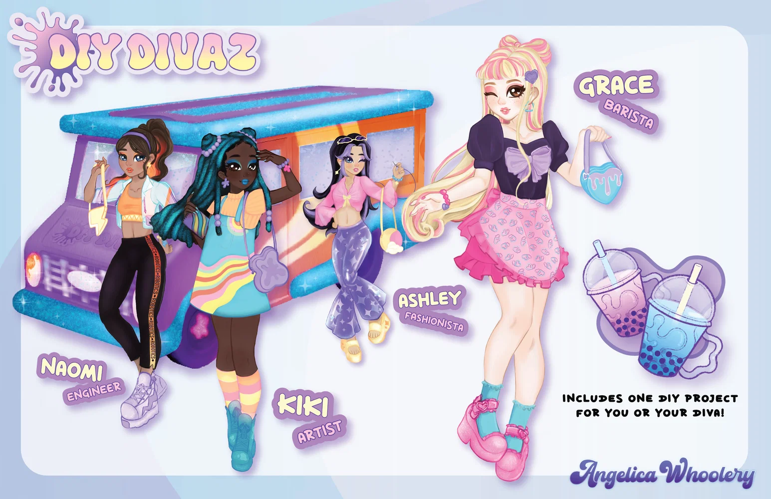 DIY Divaz, the craft-centric fashion doll line. Page shows 4 dolls, as well as an accompanying toy vehicle and an example of one of the craft kits you could receive (a drink-making accessory kit).