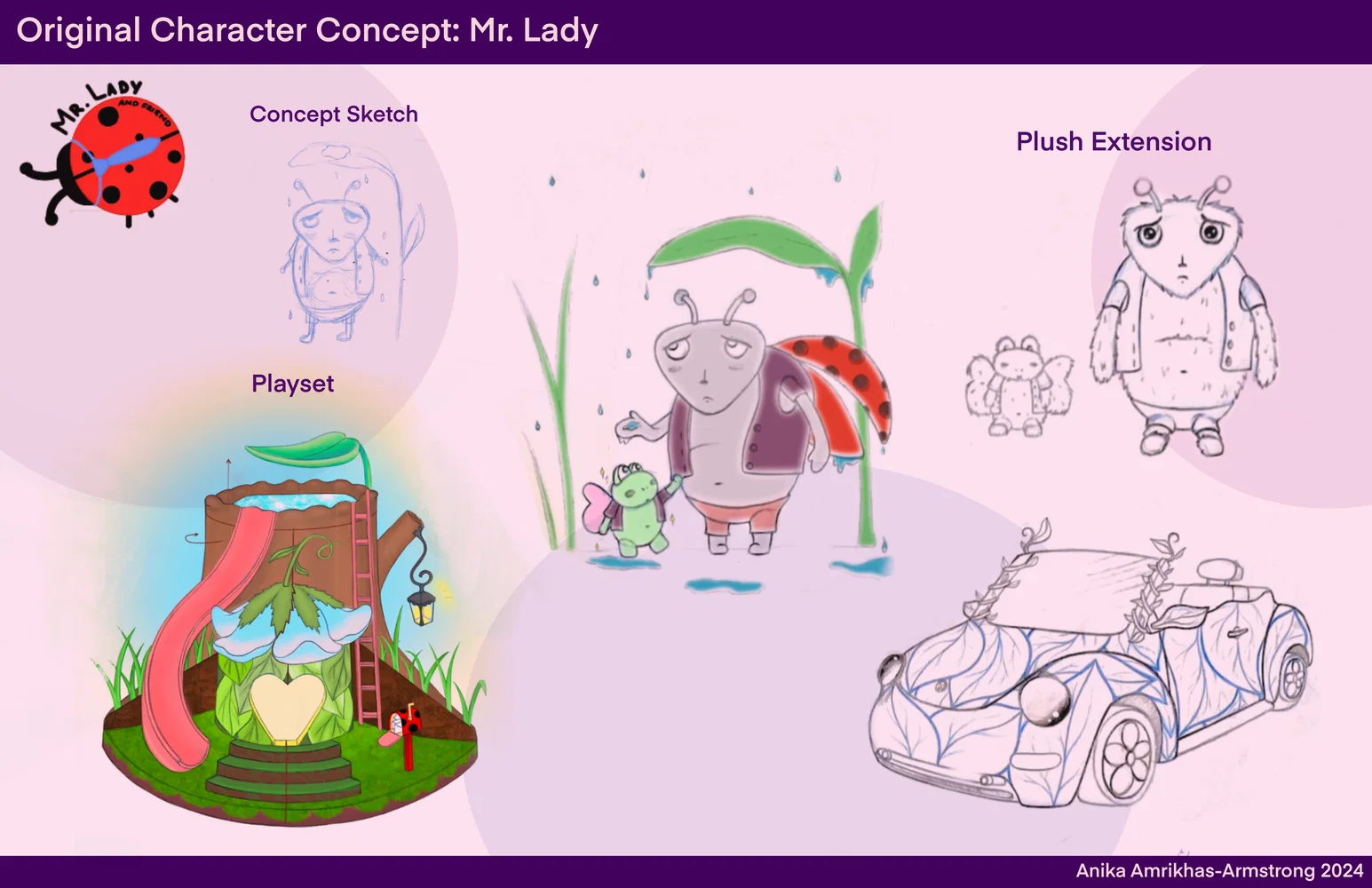 Mr. Lady and Friend is an original toy concept that features plush, a playlet, character design, and car concept. It focuses on the main character 'Mr. Lady' the ladybug and his friend the frog