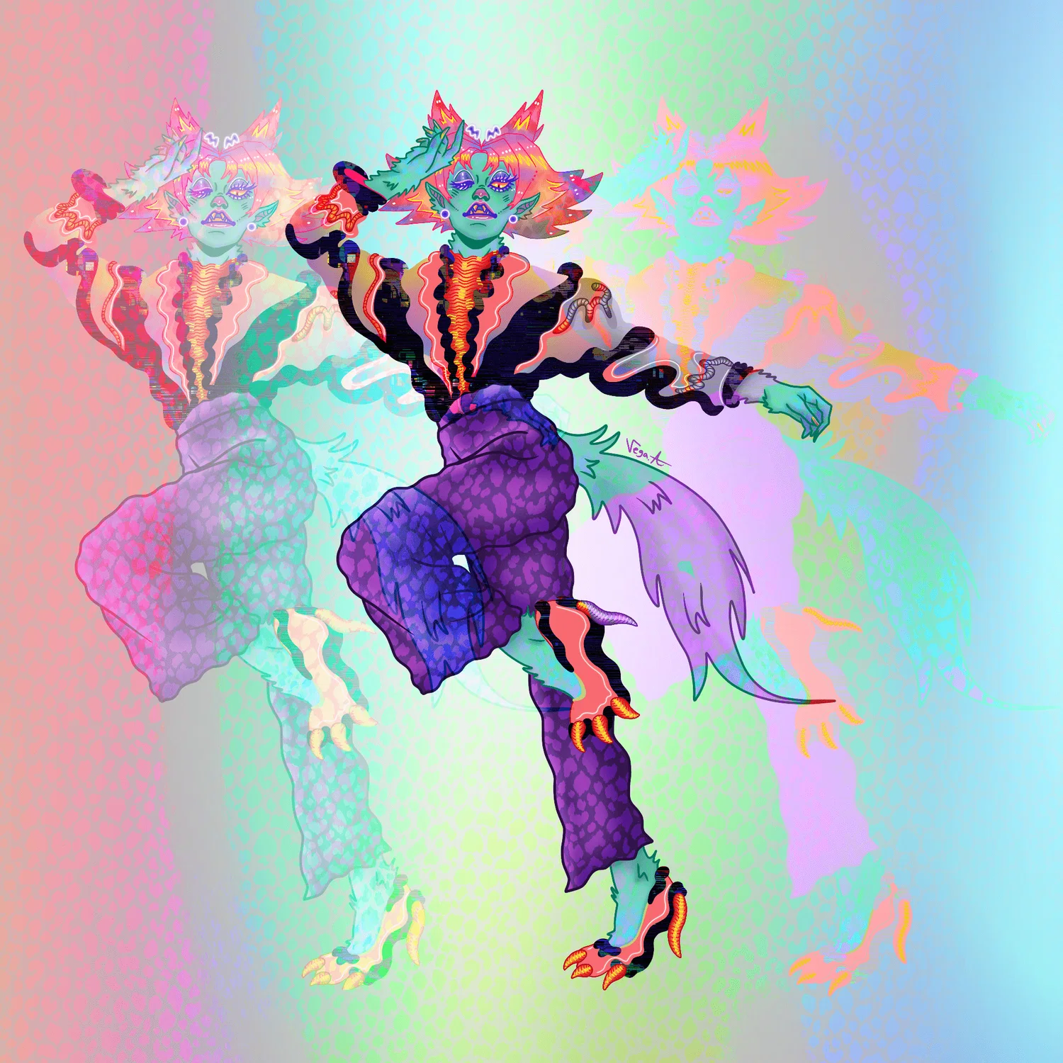 Multicolored and multi patterned cat in a dynamic pose with lots of glitch effects and rainbows