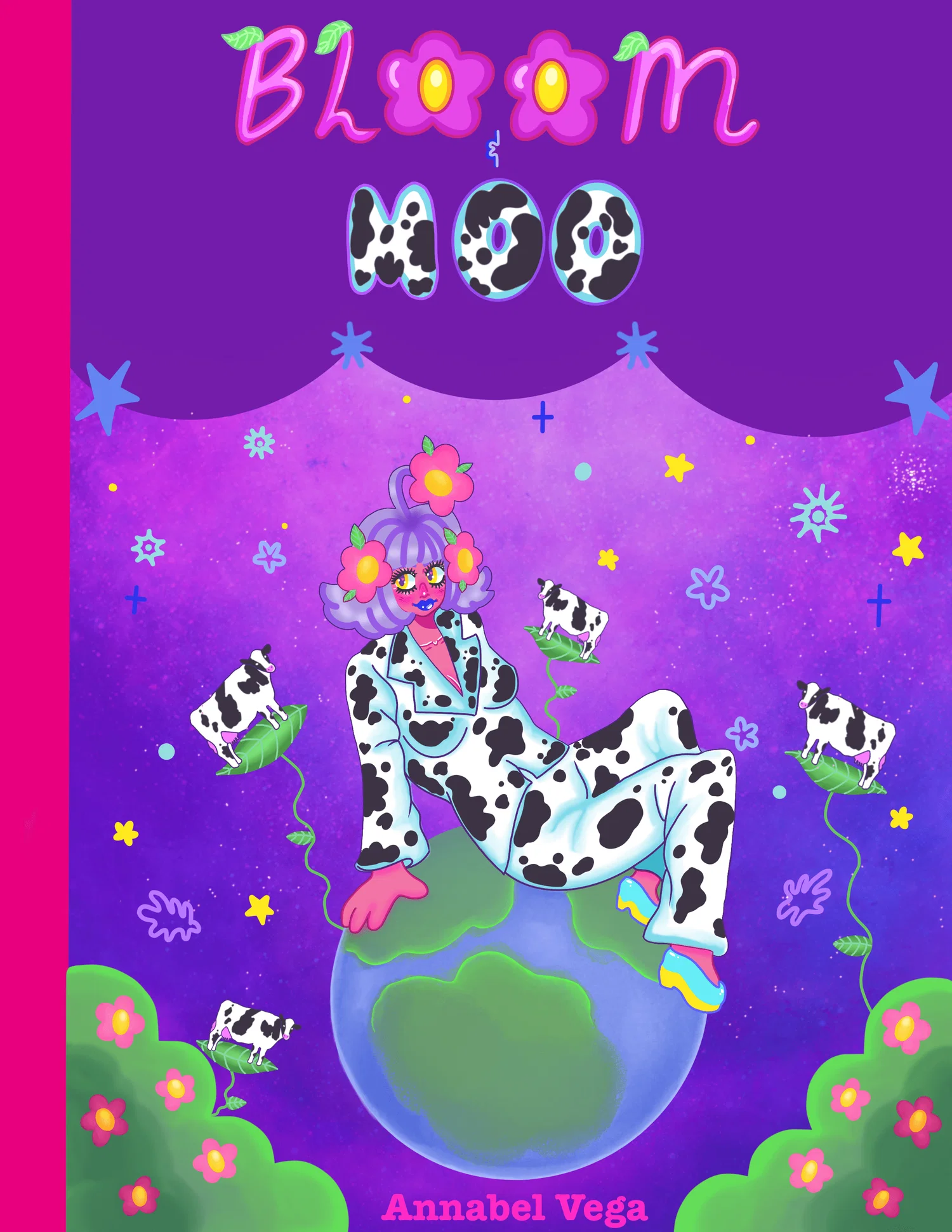 Floral Alien with pink skin and light purple hair wearing all cow print in space sitting on Earth with cows surrounding her.