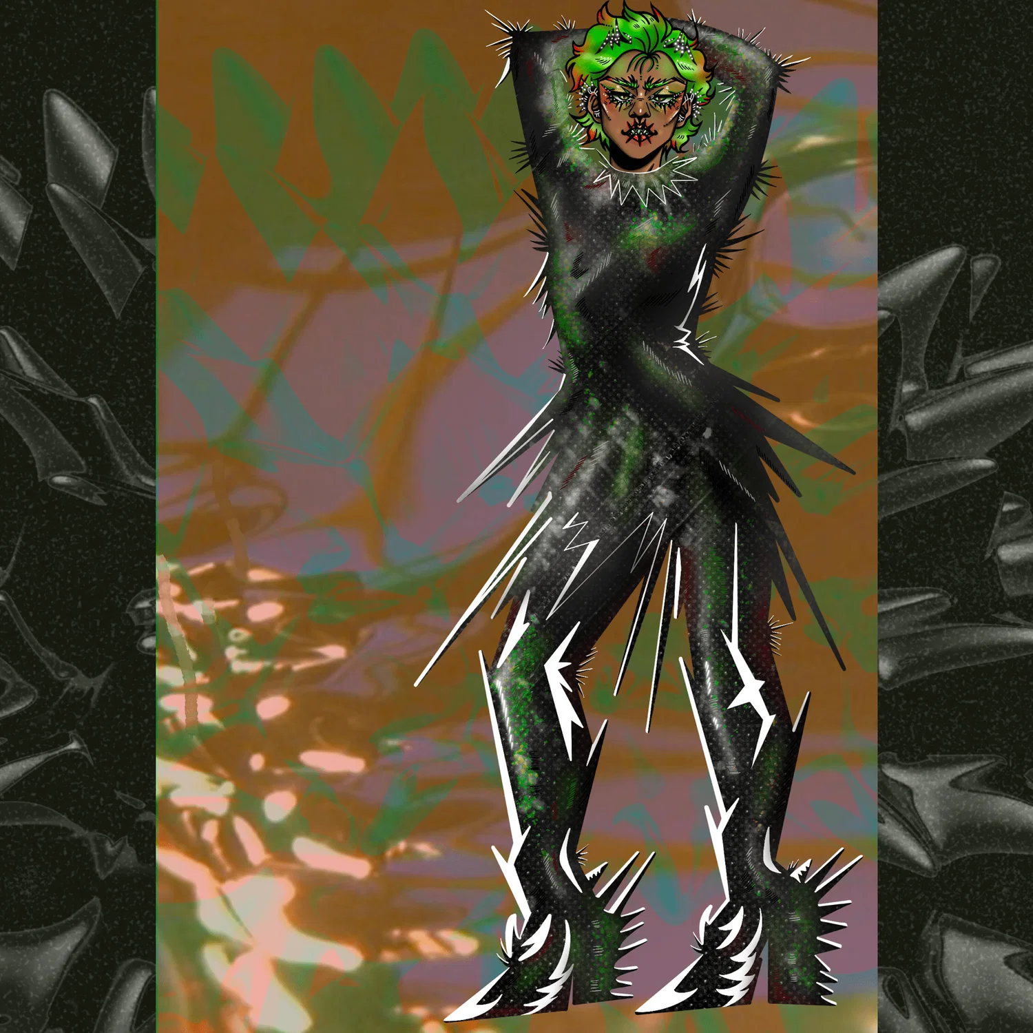 Tall character covered in black spikes with bright green hair with red tips and brown skin. The character is posed with their arms above their head. They have Spikey hearing aids and just very spiky