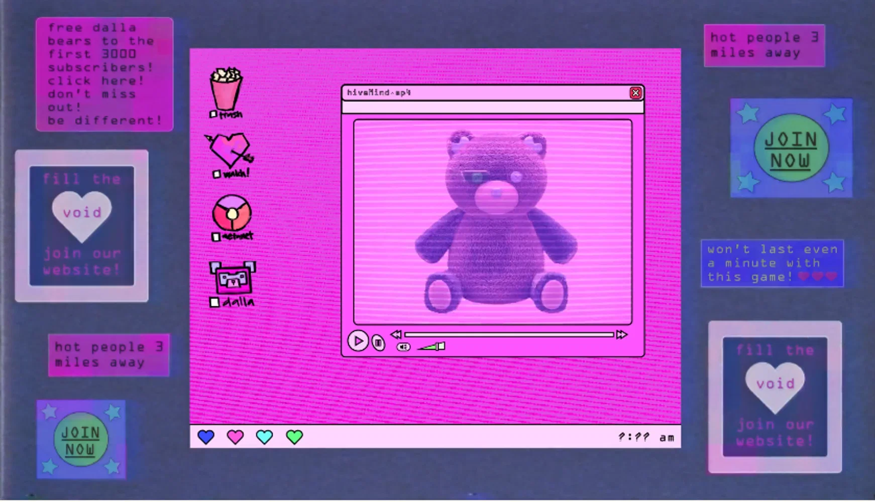 y2k aesthetic, 3D Futuristic Bear, ironic popup messages