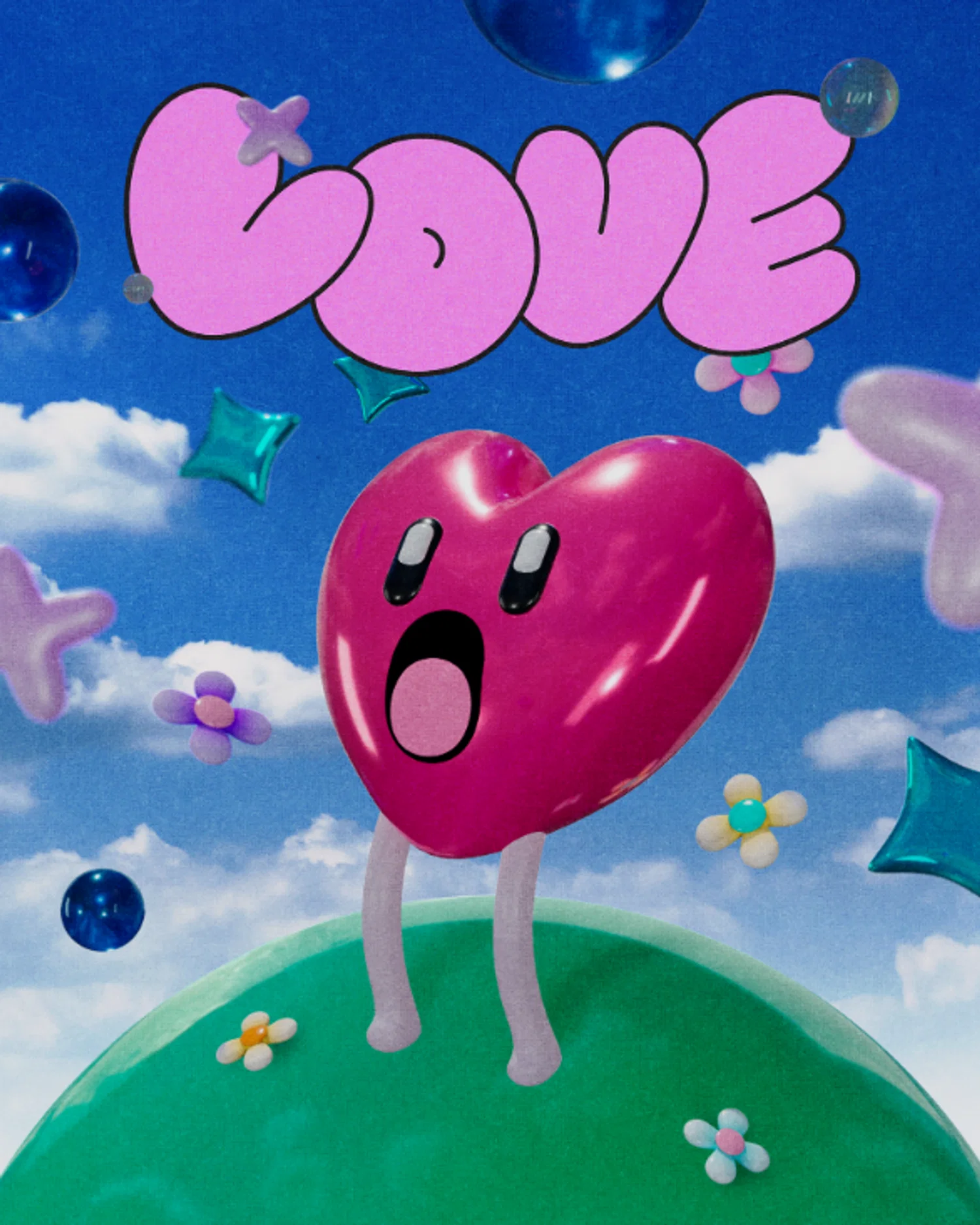 3D Graphic Poster with Heart Character and Bright Colors