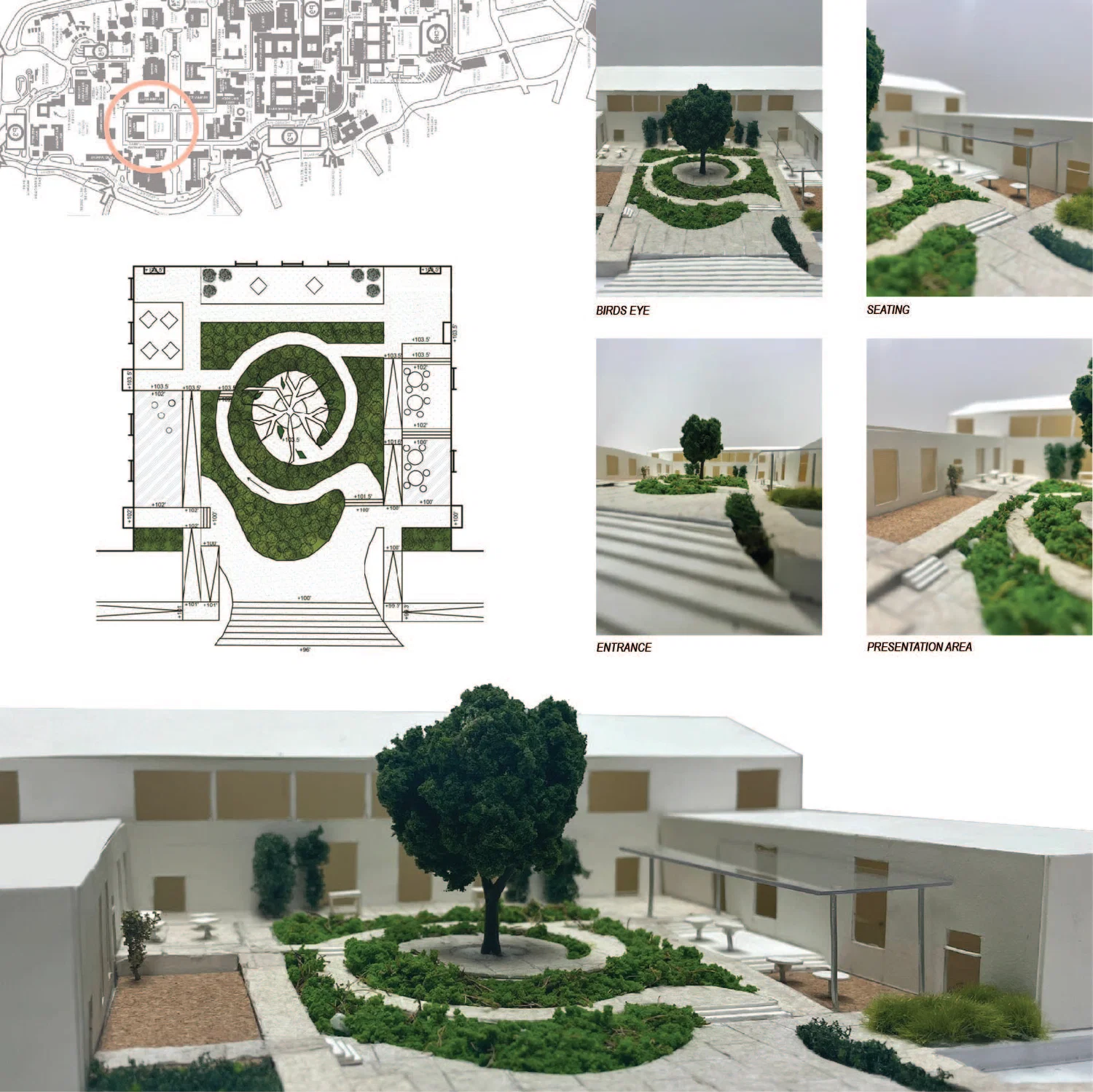 In order to enliven the existing perloff courtyard, and make a more picturesque and functional public space, the design for given courtyard portrays curved ramps around the center of the site which are ADA access accessible. With a grand entrance with long open stairs, you are invited to a calming spiral that leads to a central seating/reading area. As per the requirements, there is an outdoor eating area and a place for exhibitions/ show and tell. 
