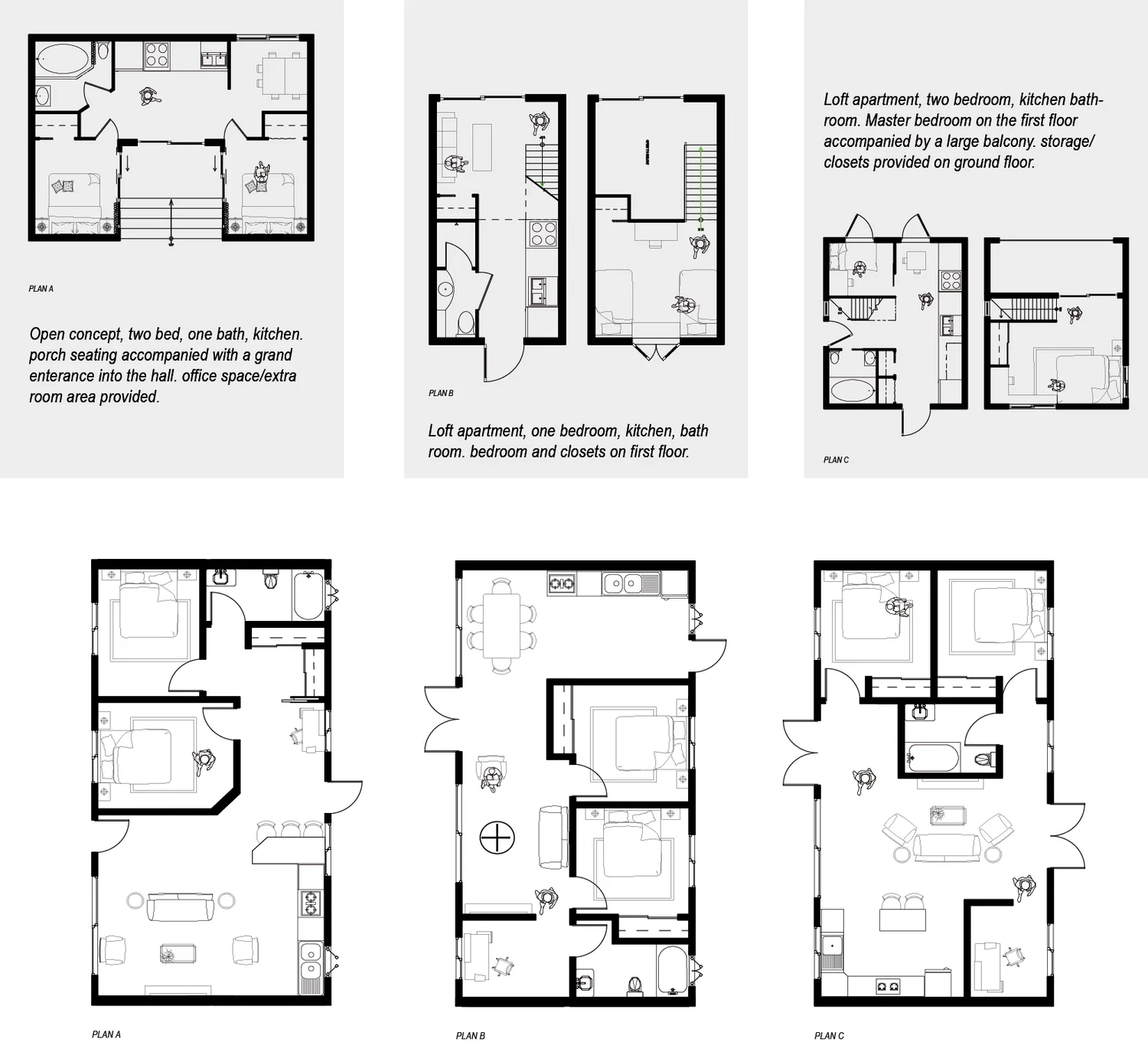 Top row: Micro House. Bottom row: Row House. Interior Design 