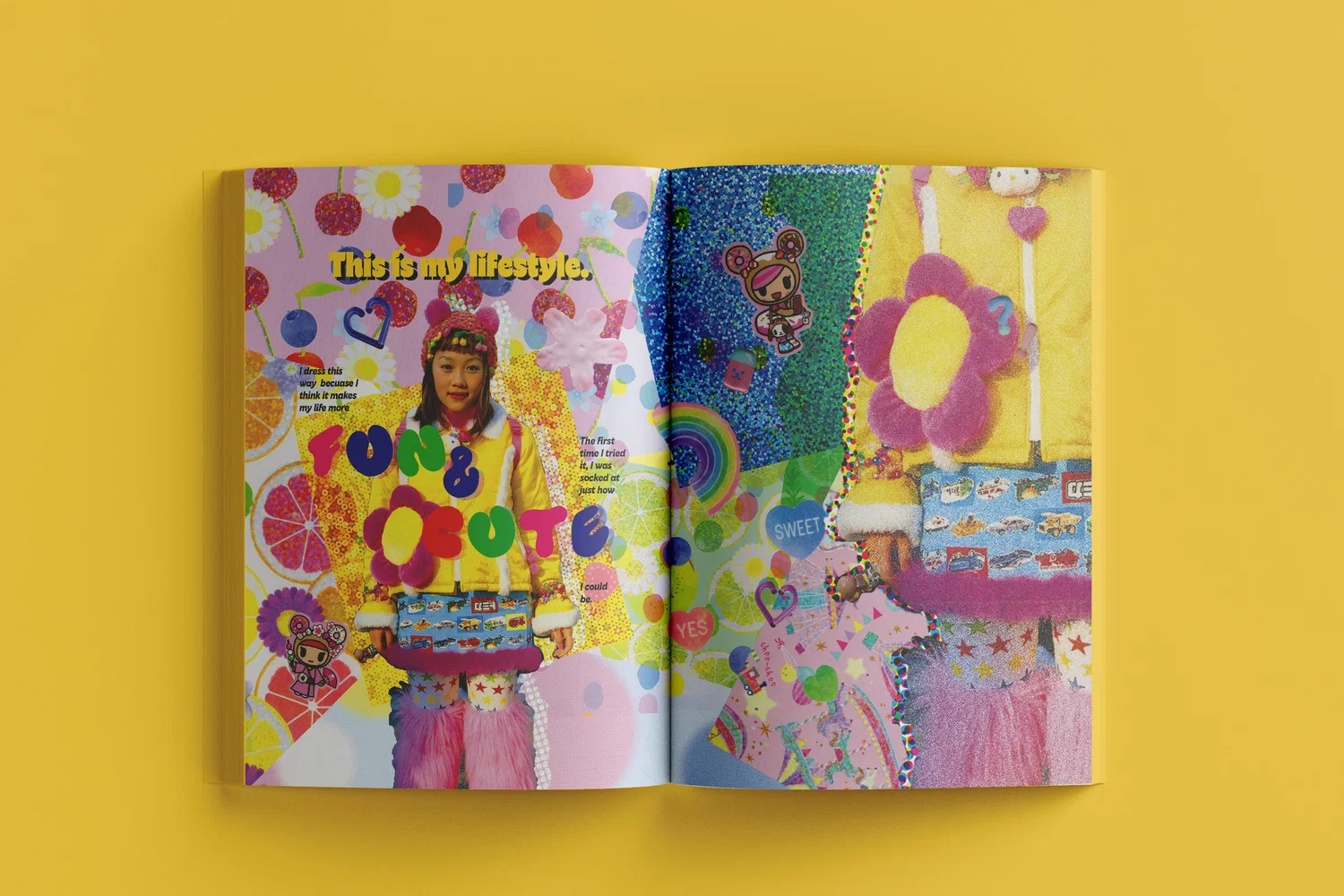 Image includes a Decora (Japanese subculture) zine. Background is yellow and features a laid out book in the center.