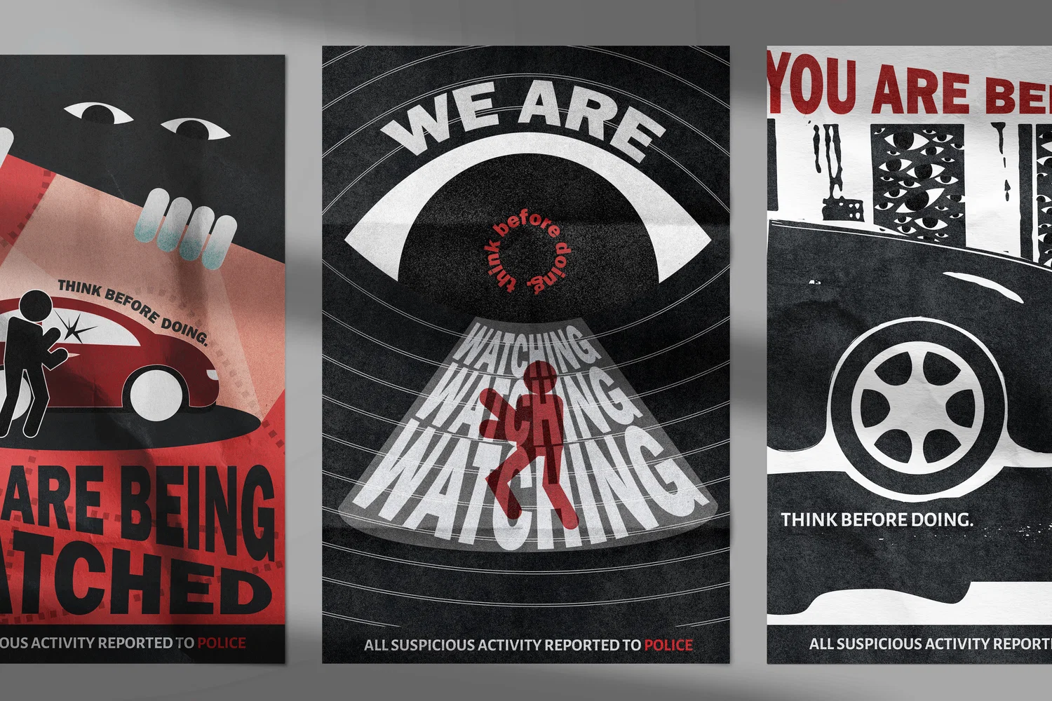 3 posters side by side. Mainly of red and black accents with eyes featured all over them.