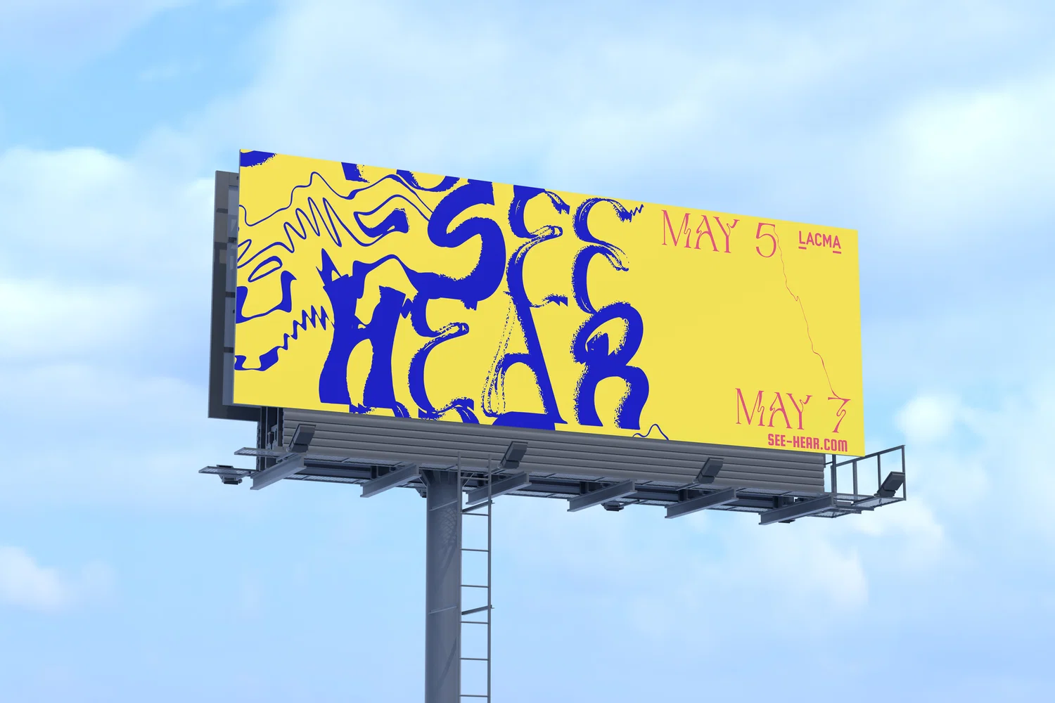 Billboard mockup. The sky can be seen in the background and a colorful blue and yellow ad in the front.