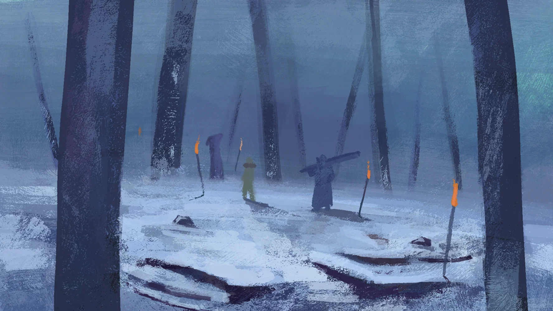 The Forest of Silence is a treacherous, cold place of the North. Though there are torches to light the way out, it is filled with dark fog that distracts the traveler and invites them to be lost for hours.