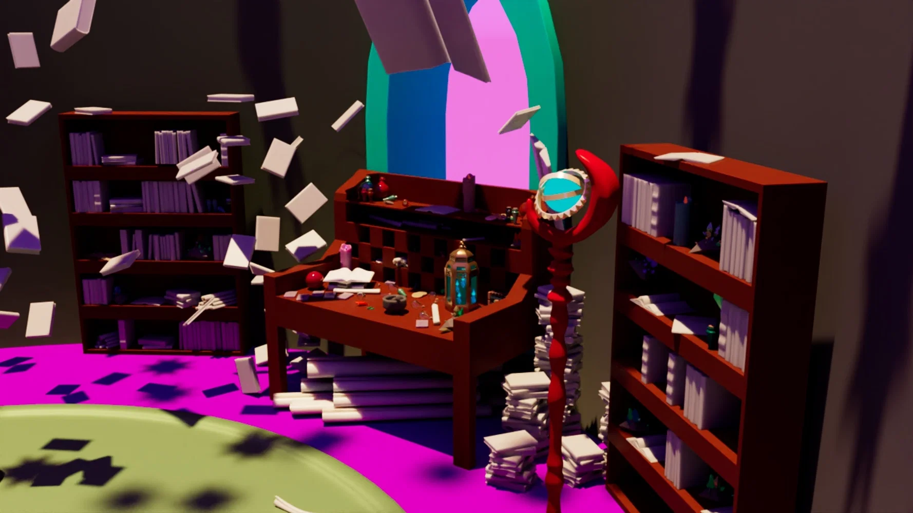 An image from my senior project of modeling and decorating a magical room in a wizards tower. This specifically captures the wizards desks, shelves and staff, thought the books still need textures. 