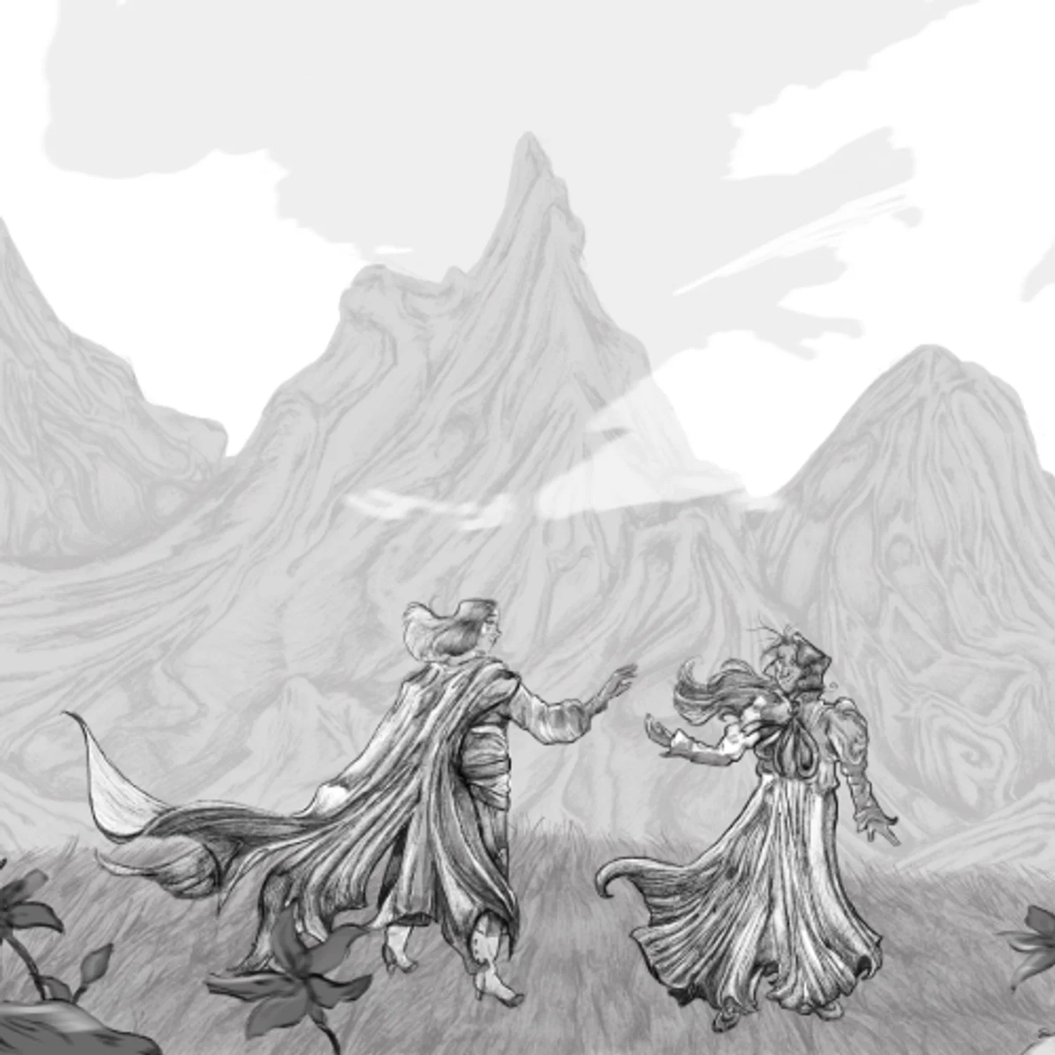 Samson and Blithe are standing amongst mountains, stretching their hands to each other. Black and white. 
