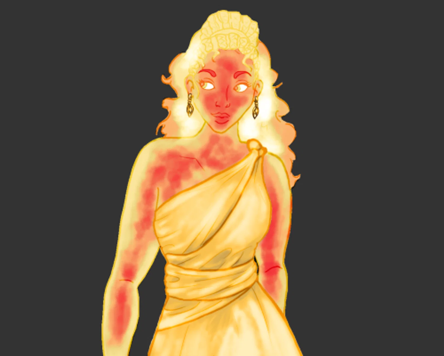 Sun goddess; glowing internally like the surface of the sun with a golden dress and flaming hair