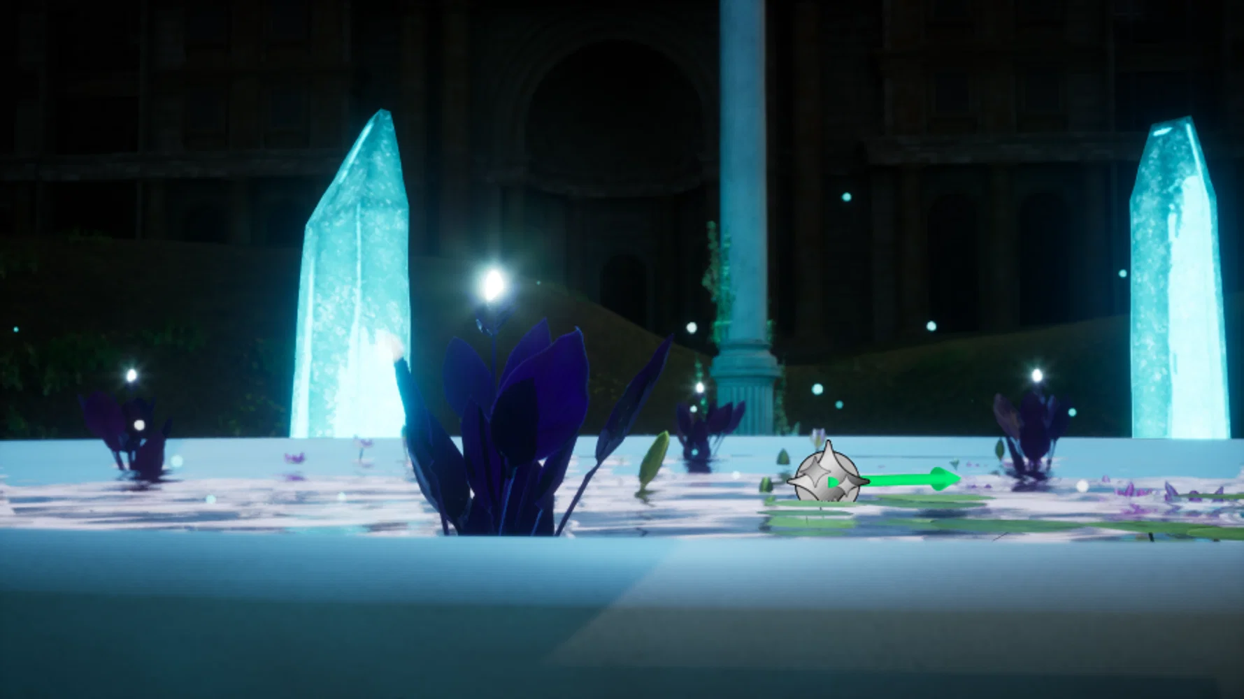 Screenshot of a glowing fountain and crystals made in Unreal Engine