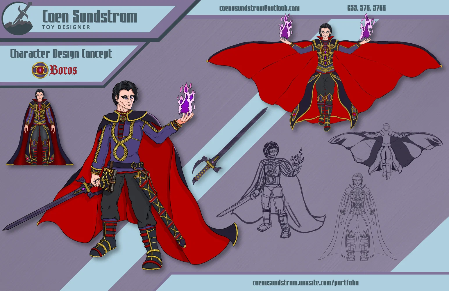 Character is a D&D inspired adventurer in dressed in purple, red, and gold.