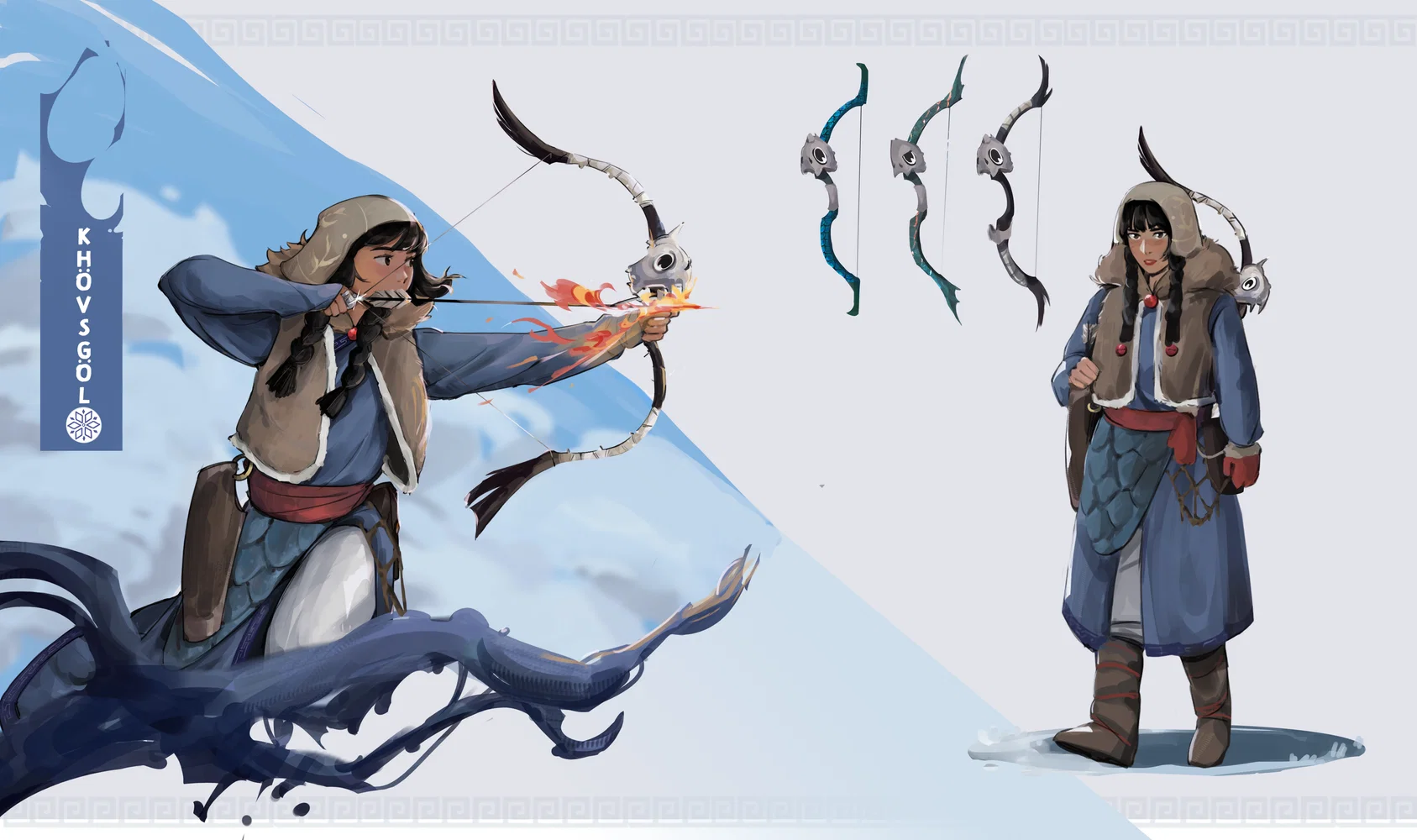 Character design of a fierce archer who lives in a freezing environment and hunts to support her family.