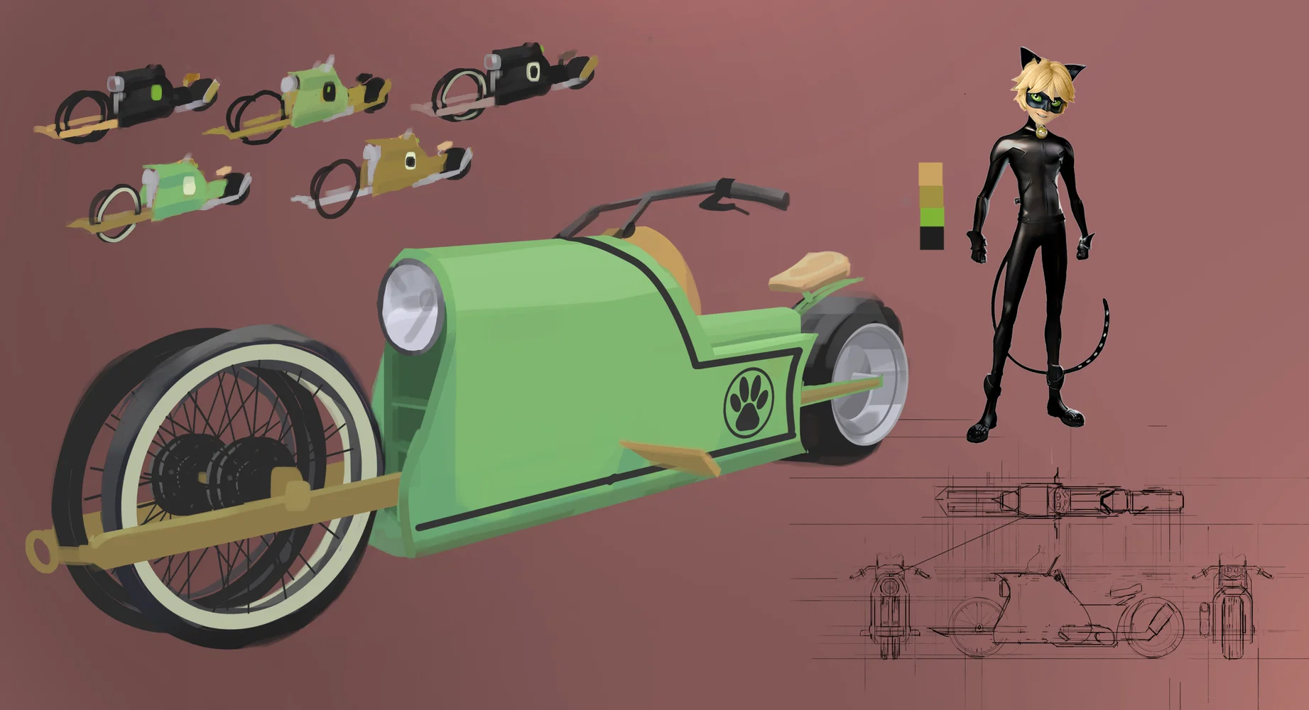 Green homemade motorcycle design for Cat Noir
