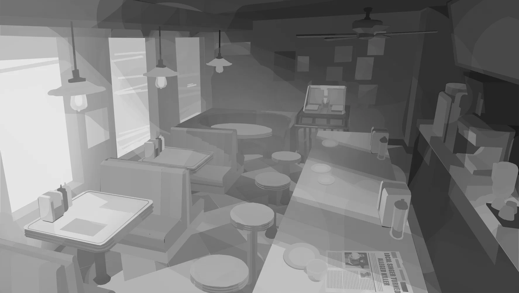 B&W scene of a cozy yet slightly grimy diner