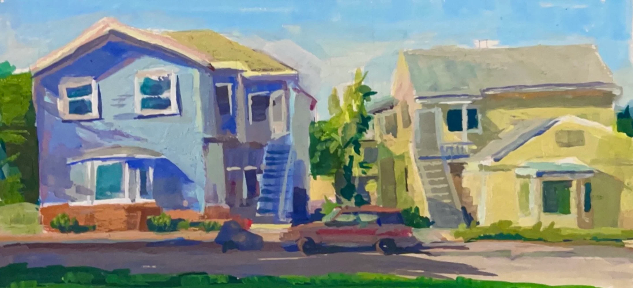 Traditional gouache painting of two LA houses