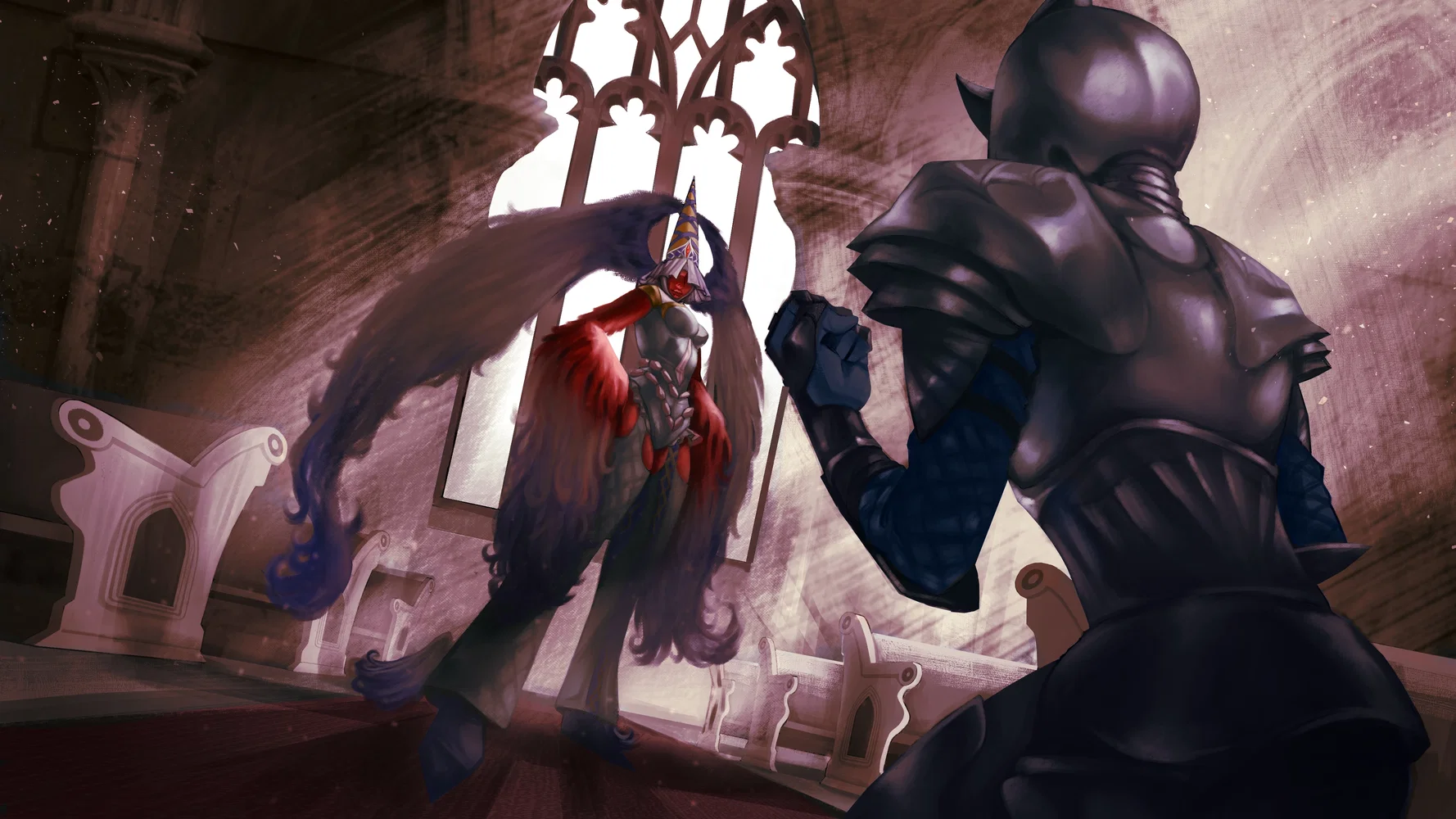 Keyframe of a tense, scene. One character in armor is in the foreground, pleading with the second. The second character is staring over in colorful garb and fiery red wings.