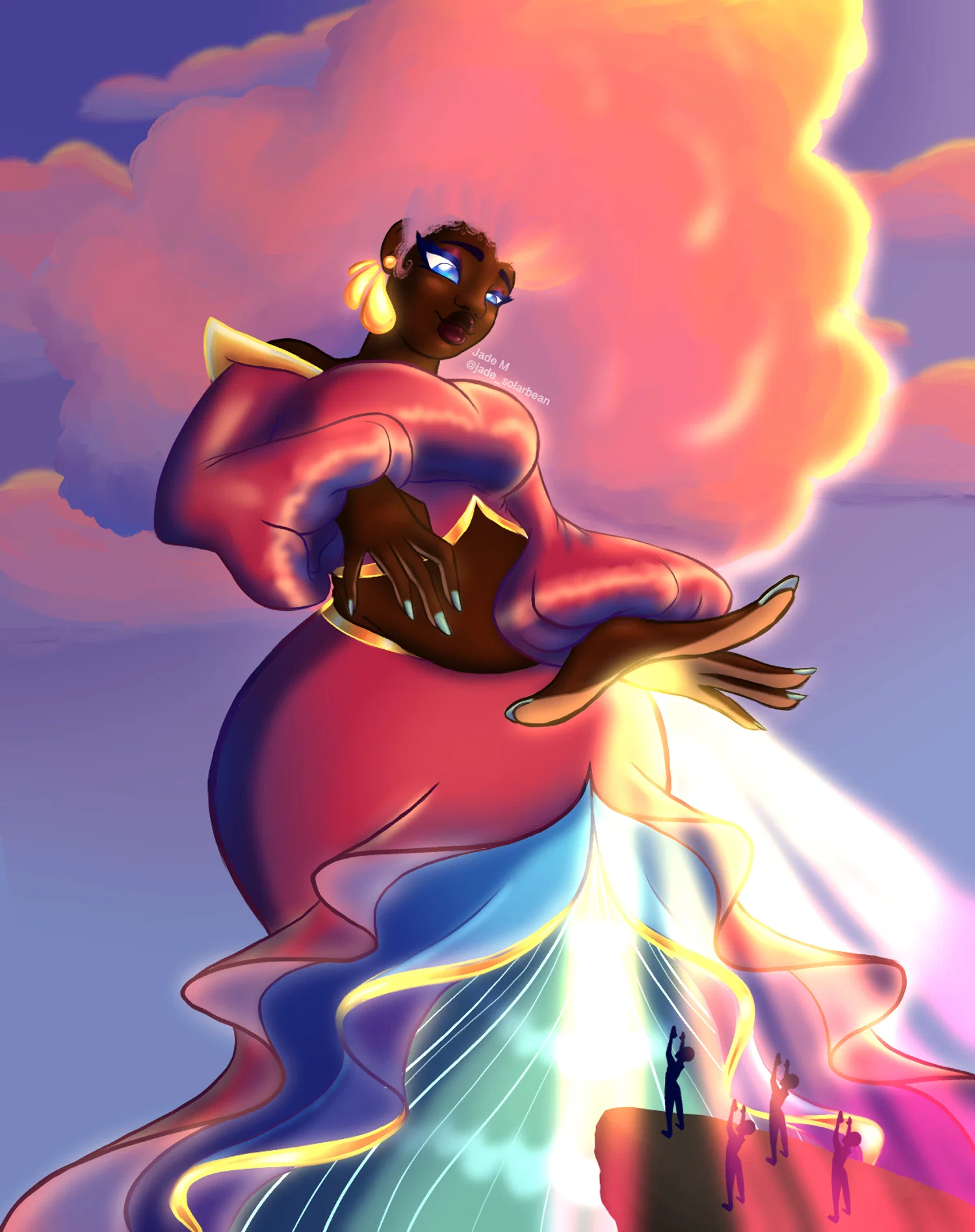 A giant woman with sunset cloud hair shines beams of light on humans.