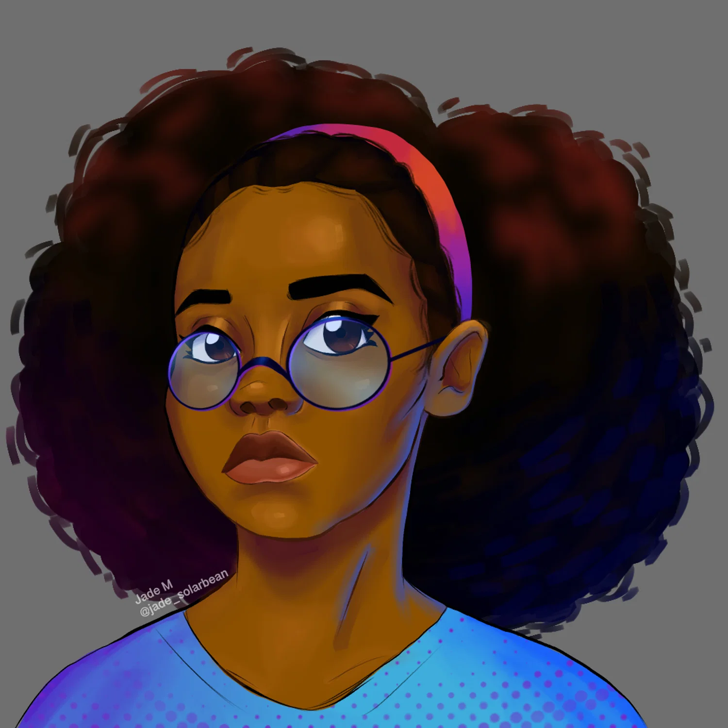 A self portrait of me with big fluffy hair and wearing glasses.