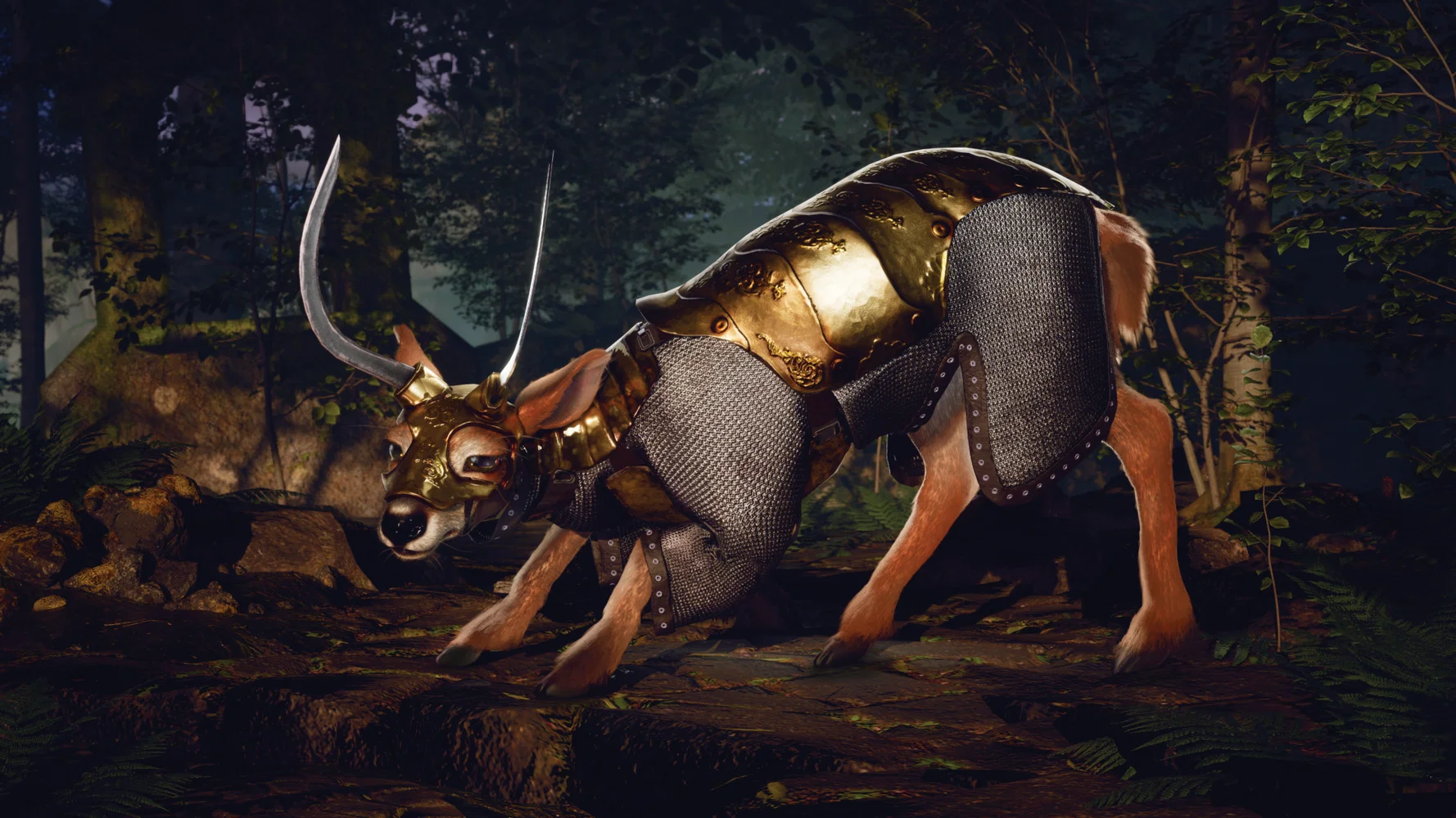 A stylized deer in with magical armor 