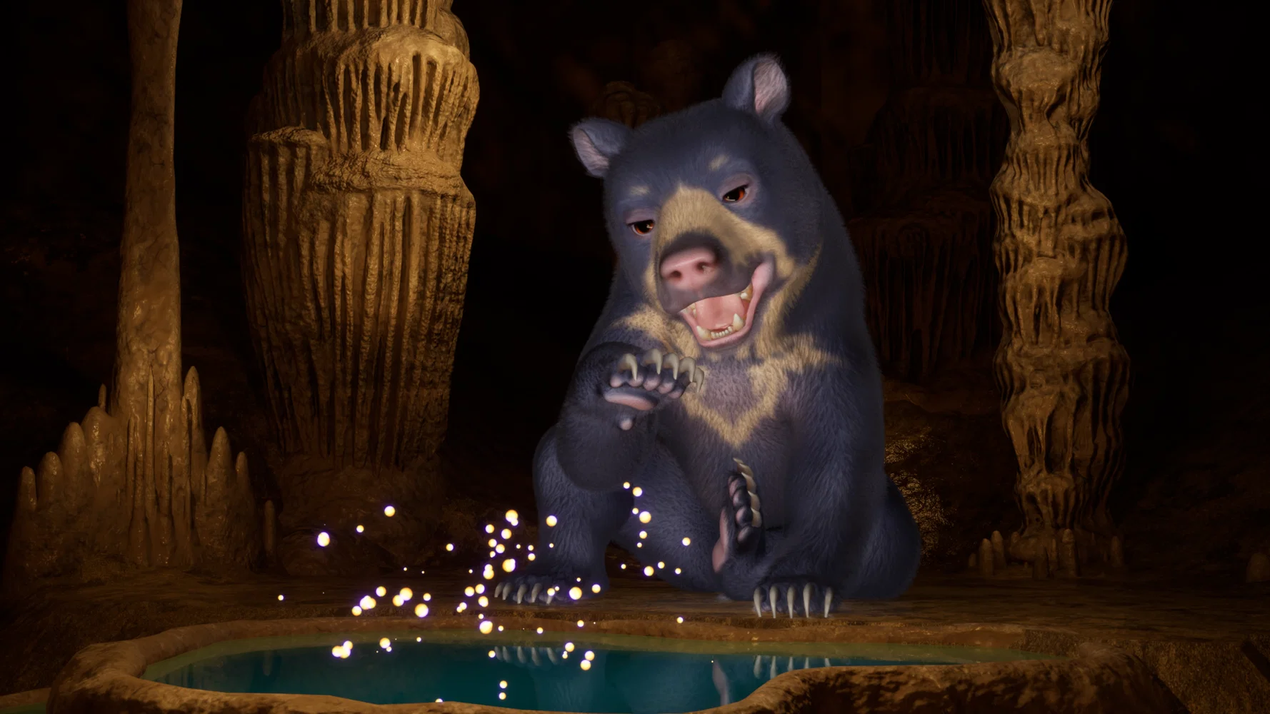 A stylized bear in a stalactite cave reaches towards a cloud of sparking particles 