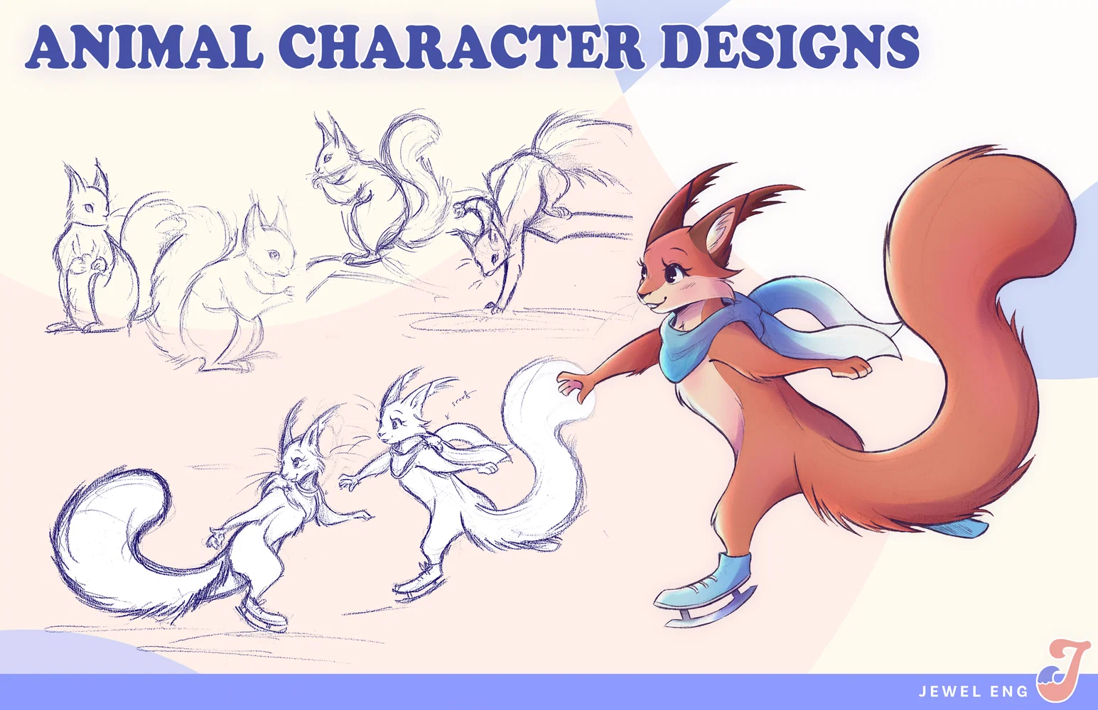 A portfolio page showing various animal studies and sketches with a final rendered drawing of a red squirrel character ice skating.