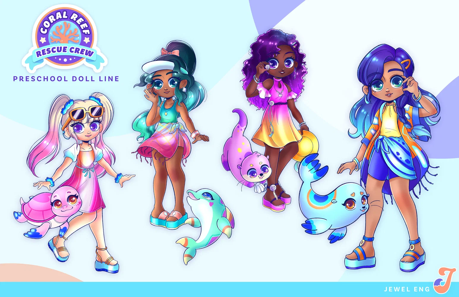 A portfolio page for Coral Reef Rescue Crew, depicting a doll line. All the girls in the line are all in bright neon beachside fashions and have an animal friend counterpart. 
